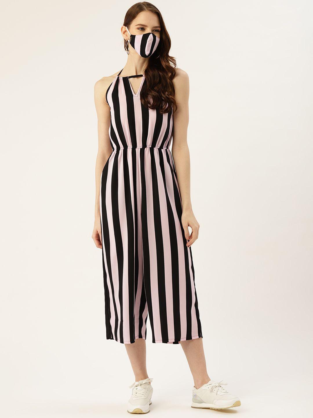 diva walk exclusive women black & pink striped basic jumpsuit
