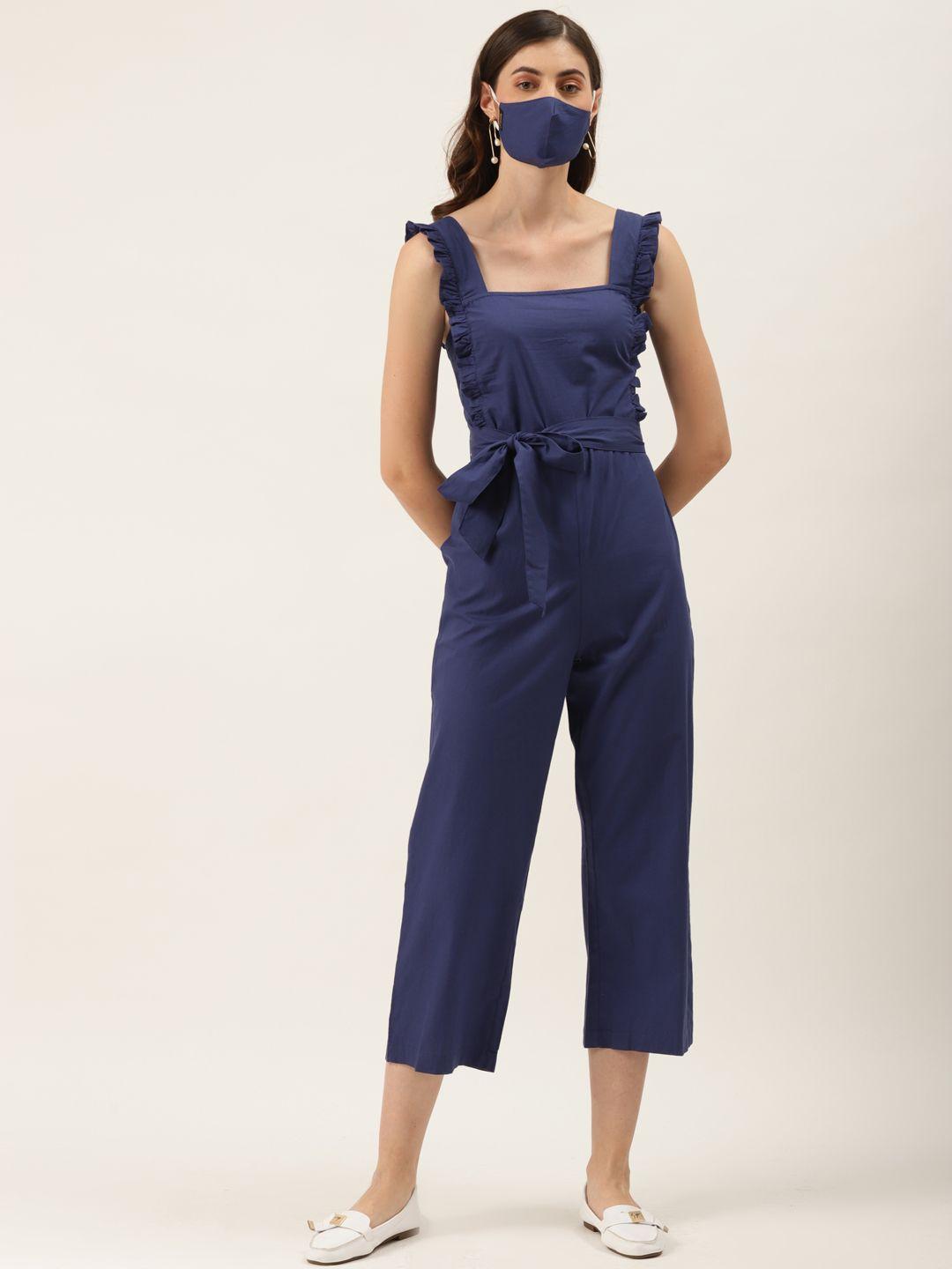 diva walk exclusive women navy blue solid pure cotton basic jumpsuit