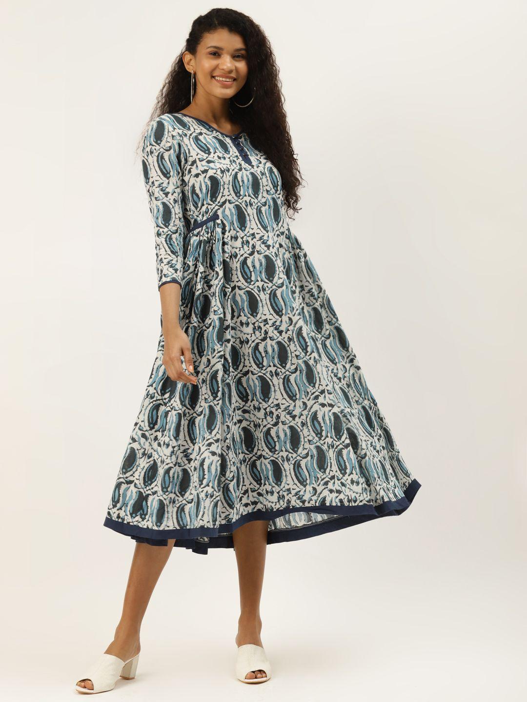 diva walk exclusive women off-white & blue abstract print cotton a-line dress