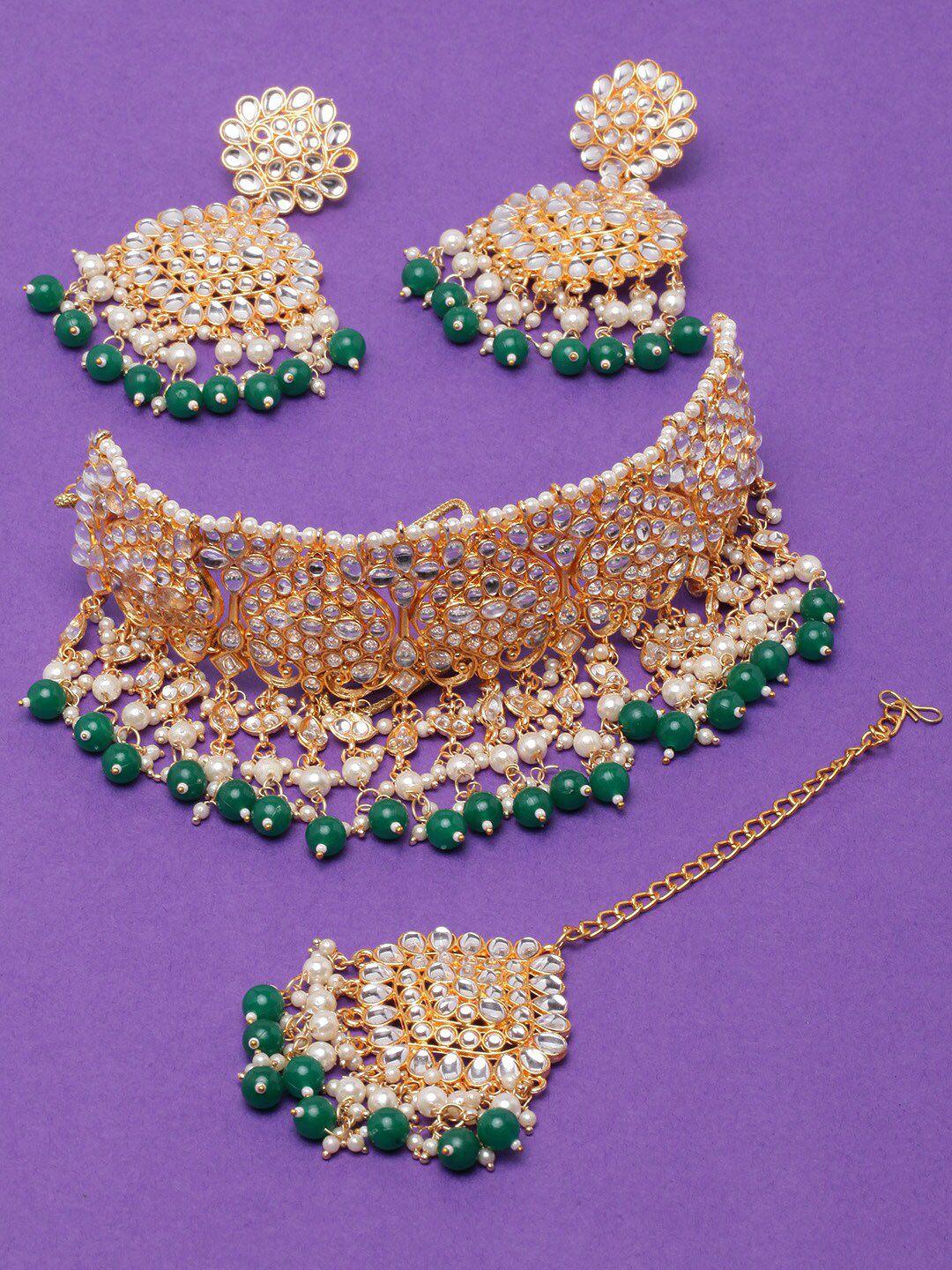 diva walk gold-plated stone-studded & beaded jewellery set with maangtika