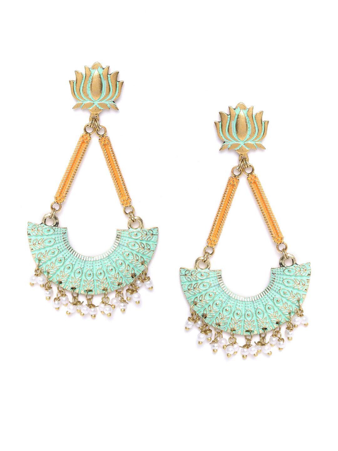 diva walk green gold-plated beaded handcrafted enamelled classic drop earrings
