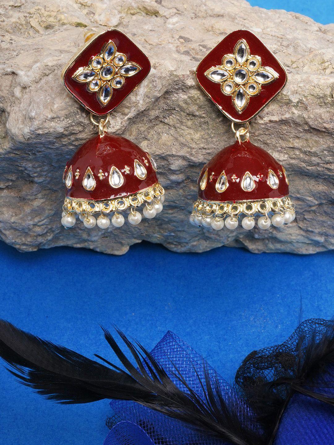 diva walk maroon & gold plated contemporary jhumkas earrings