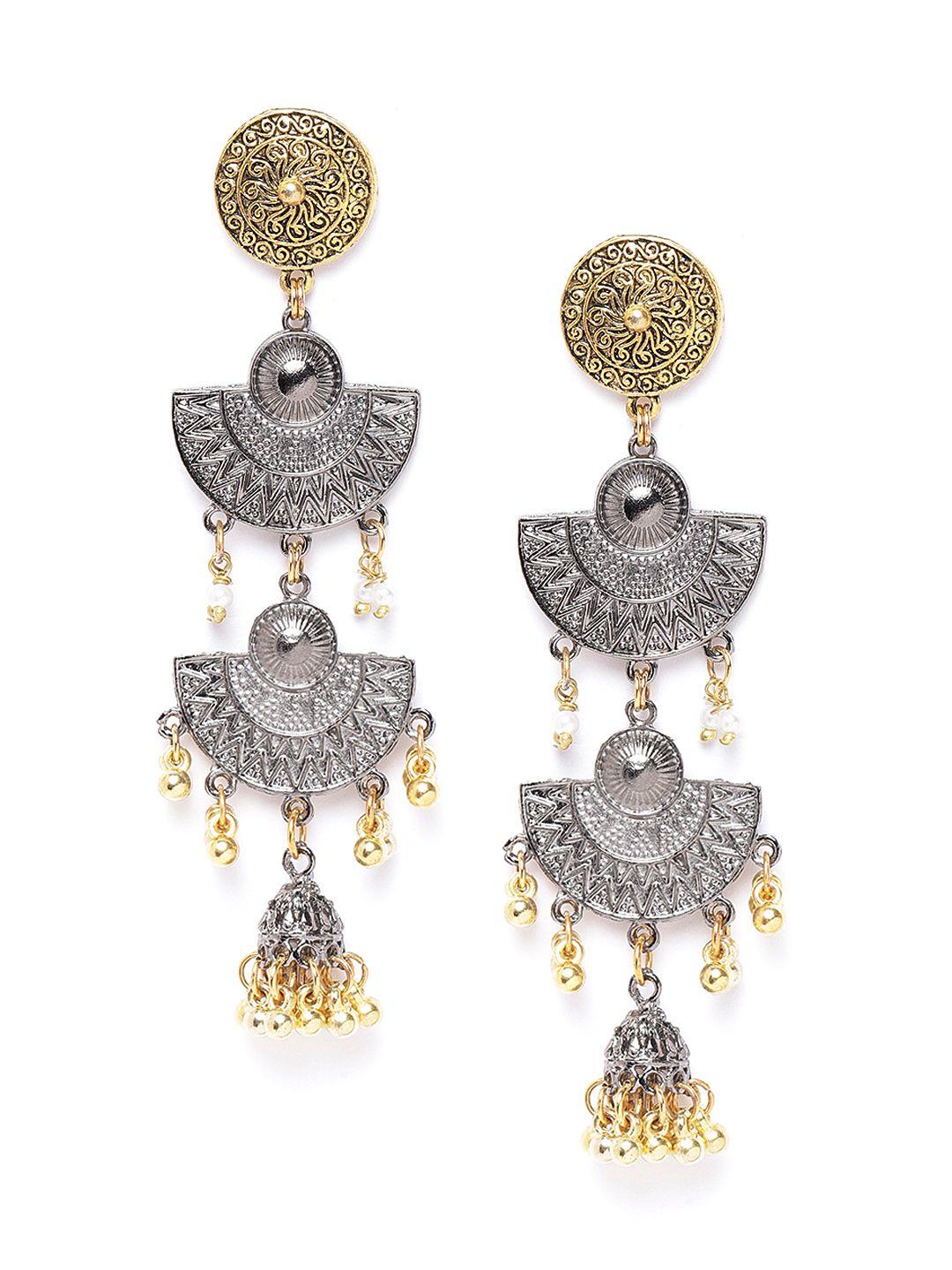 diva walk oxidised silver-toned & gold-toned beaded handcrafted crescent shaped chandbalis