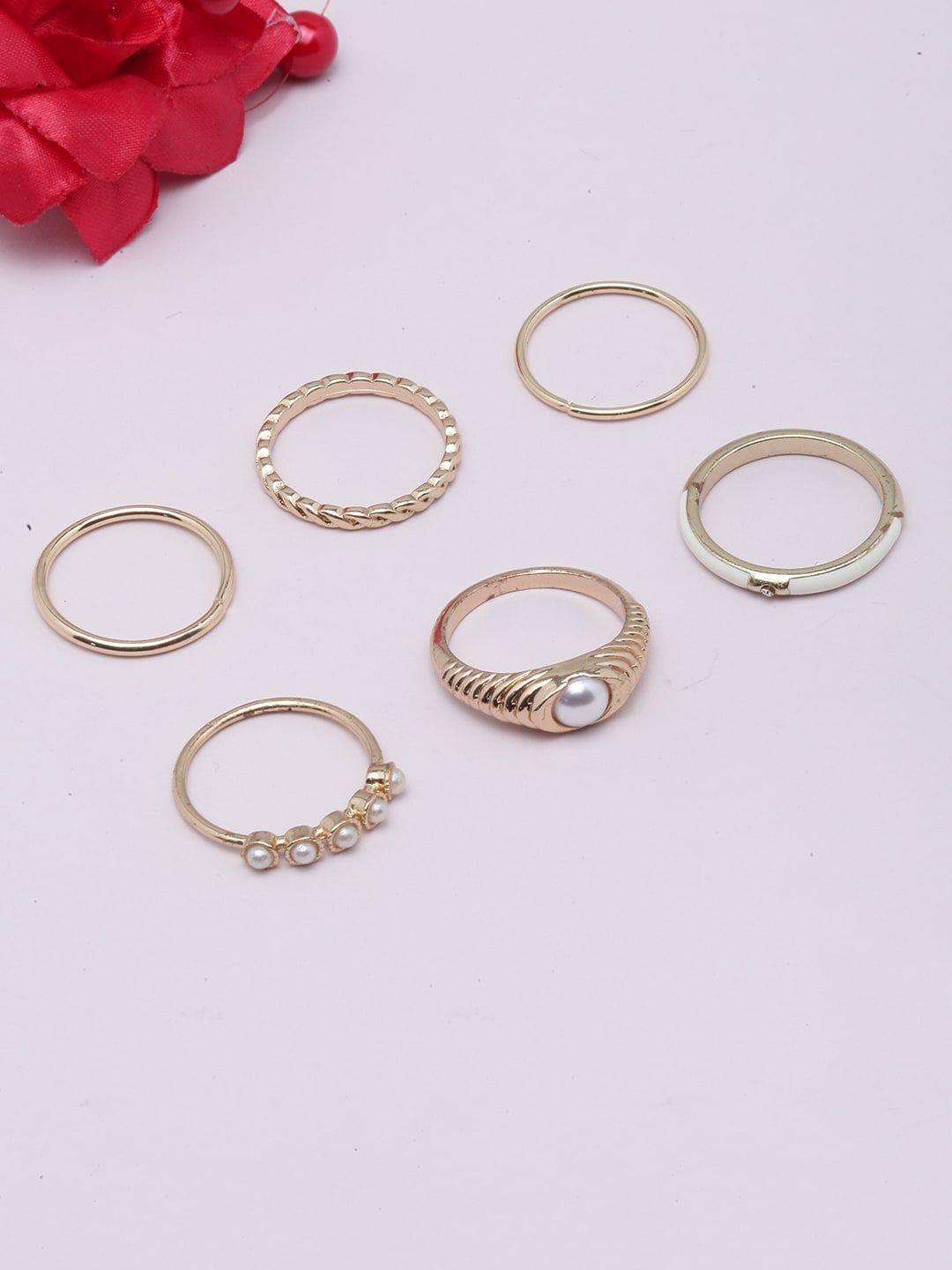 diva walk set of 6 gold-plated pearl beaded adjustable finger rings