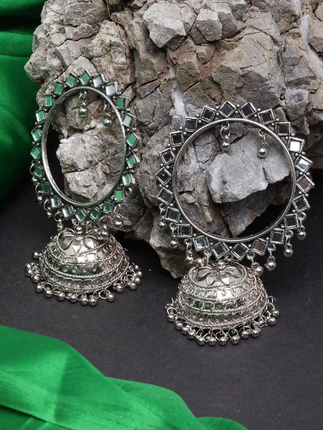 diva walk silver-plated circular mirror jhumkas earrings