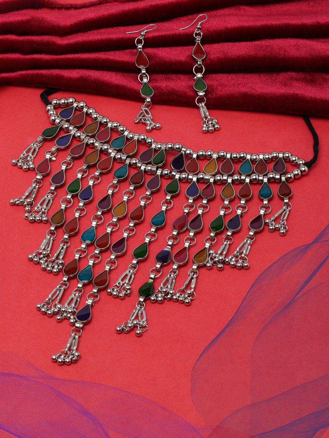 diva walk silver-plated stone-studded layered jewellery set