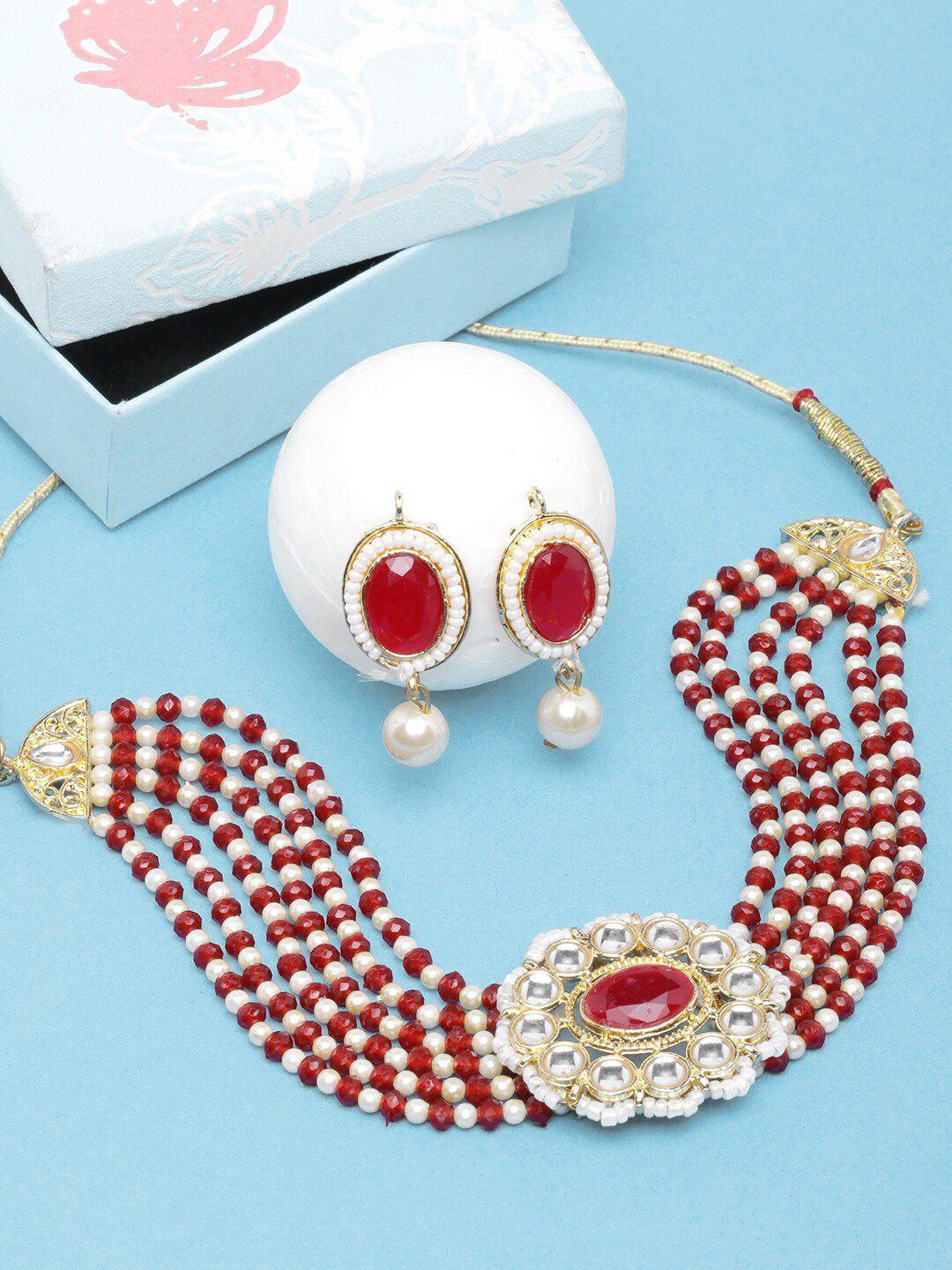 diva walk women gold-plated stone-studded & beaded choker jewellery set