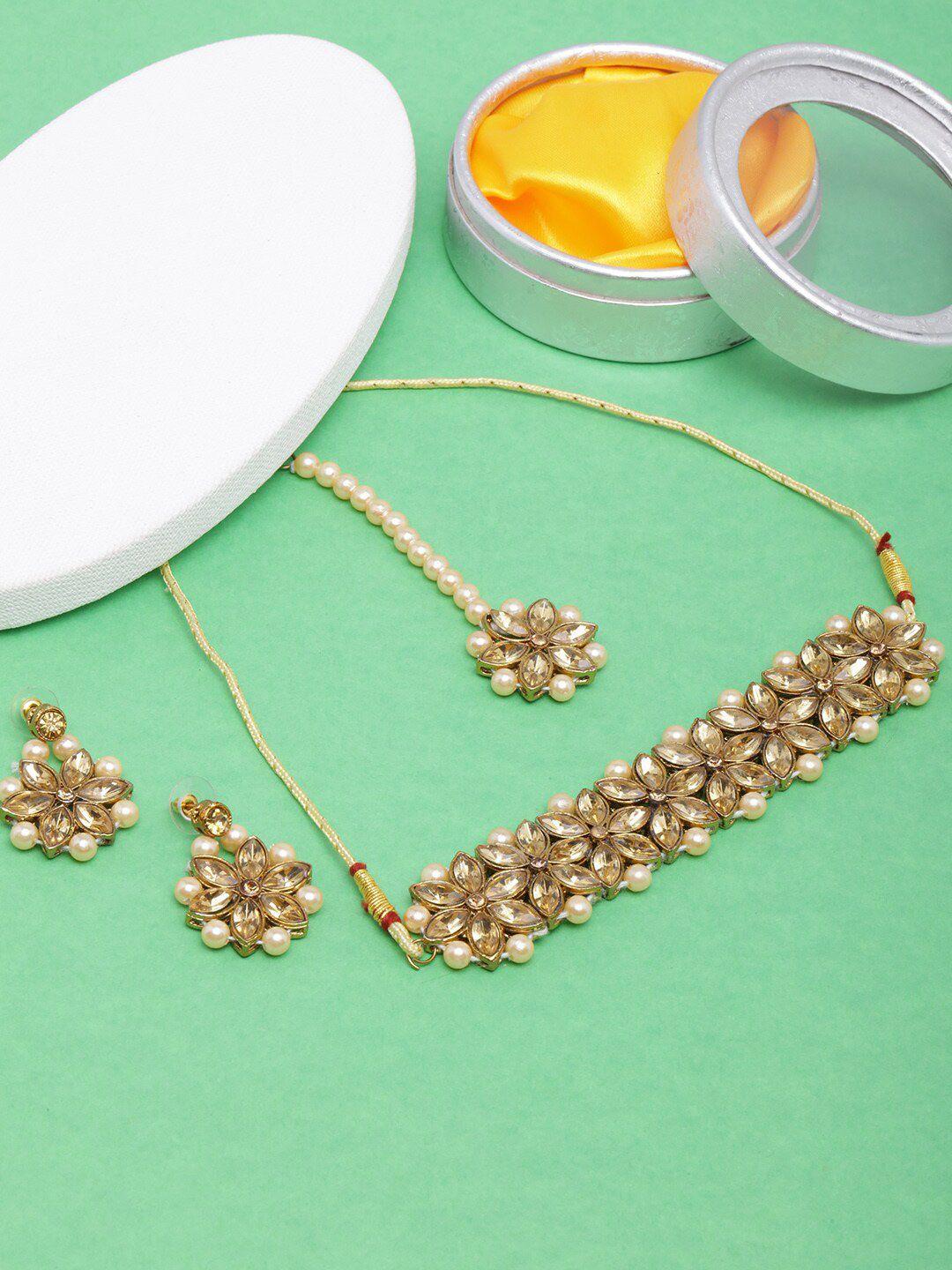 diva walk women gold-plated stone-studded & pearl beaded jewellery set