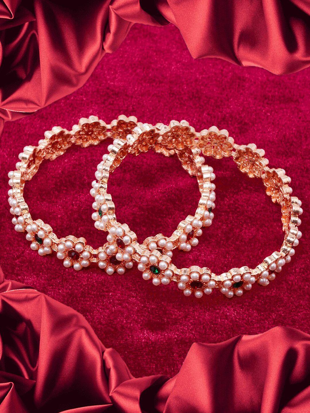 diva walk women set of 2 rose gold-plated white & red cubic zirconia bangle-style bracelet