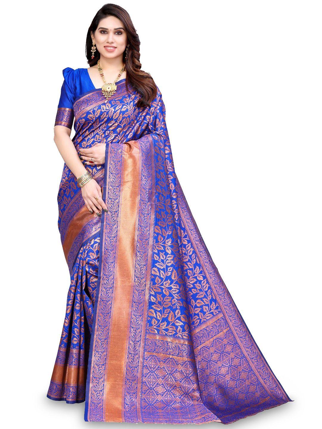 divastri blue & gold-toned woven design zari silk cotton banarasi saree