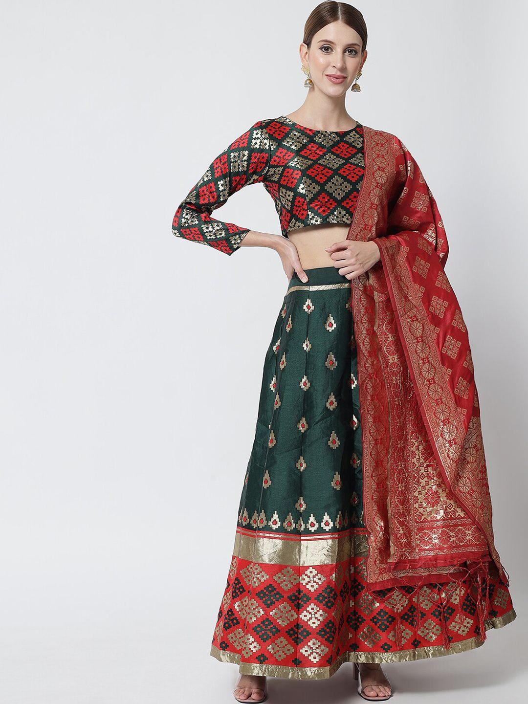 divastri green & red printed banarasi semi-stitched lehenga & unstitched blouse with dupatta