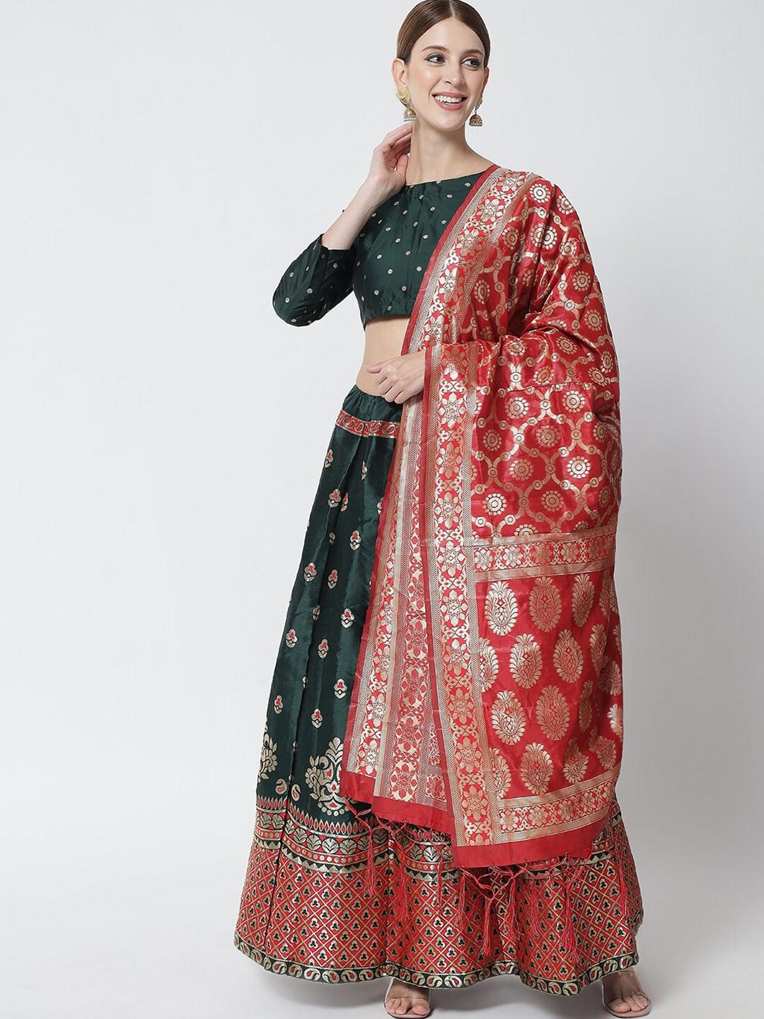 divastri green & red printed ready to wear lehenga & unstitched blouse with dupatta