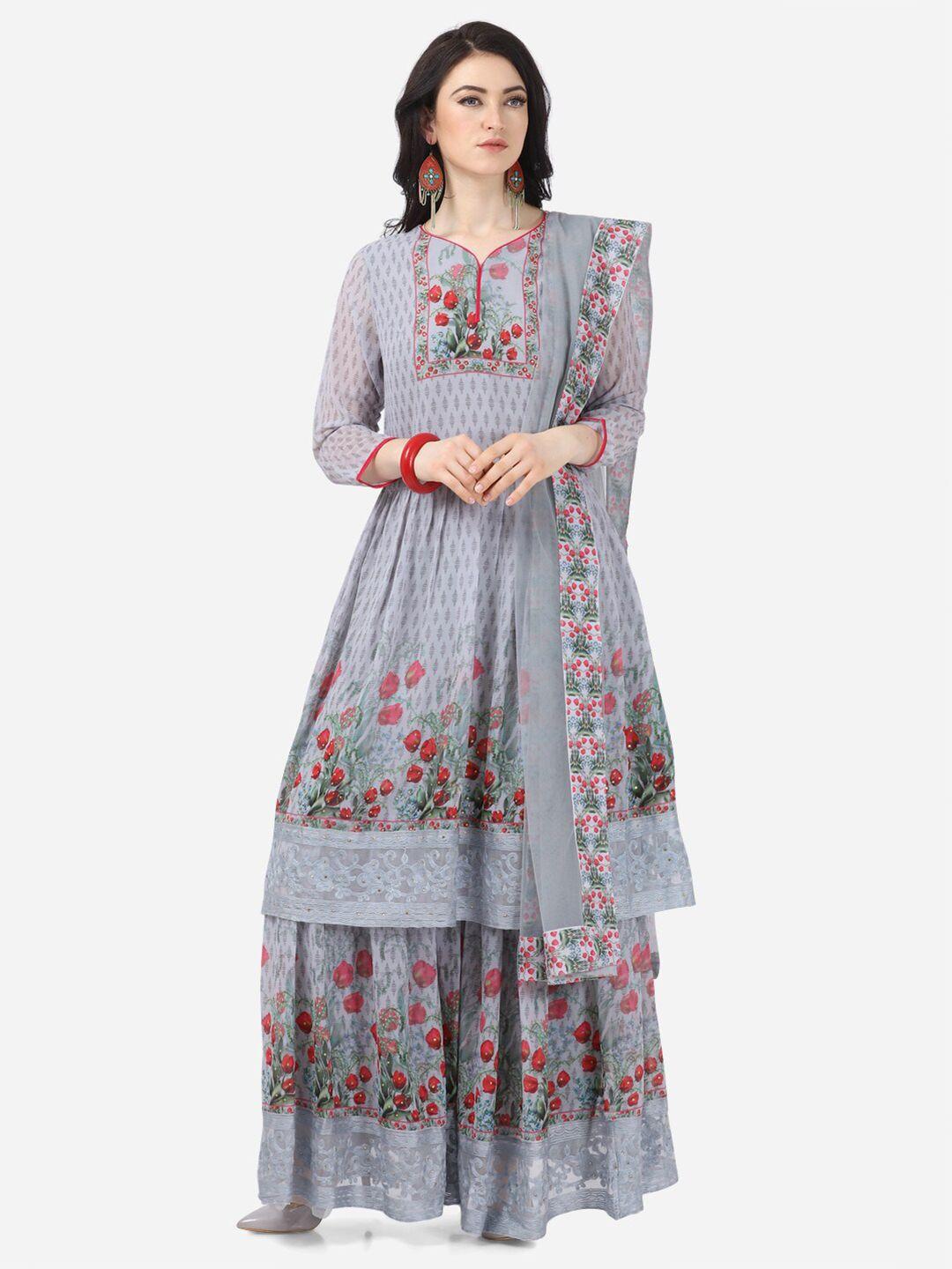 divastri grey & red printed poly georgette semi-stitched dress material