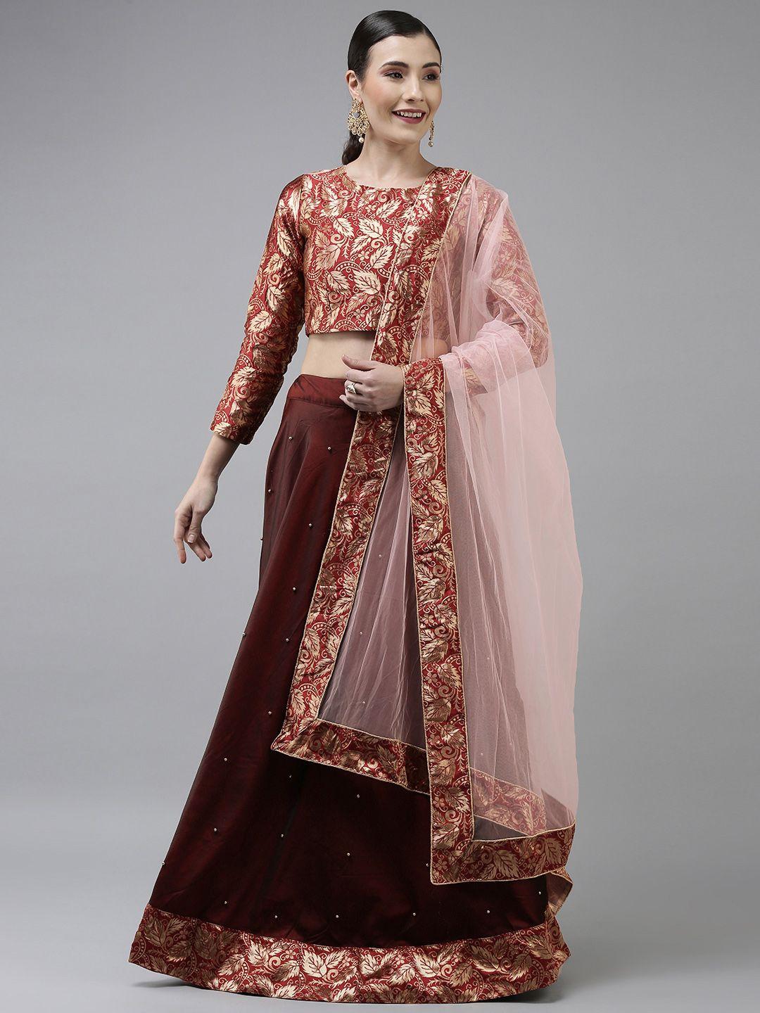 divastri maroon & gold-toned semi-stitched lehenga & unstitched blouse with dupatta