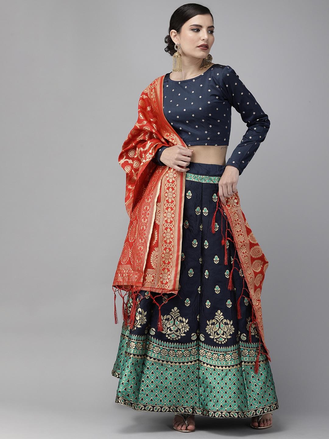 divastri navy blue & gold-toned woven design semi-stitched lehenga & unstitched blouse with dupatta