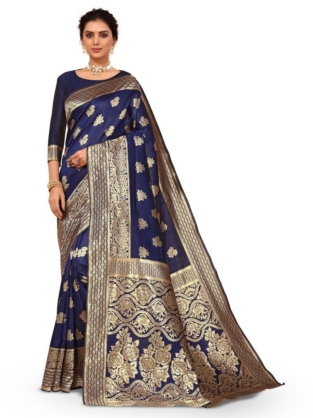 divastri navy blue & gold-toned woven design zari silk cotton banarasi saree