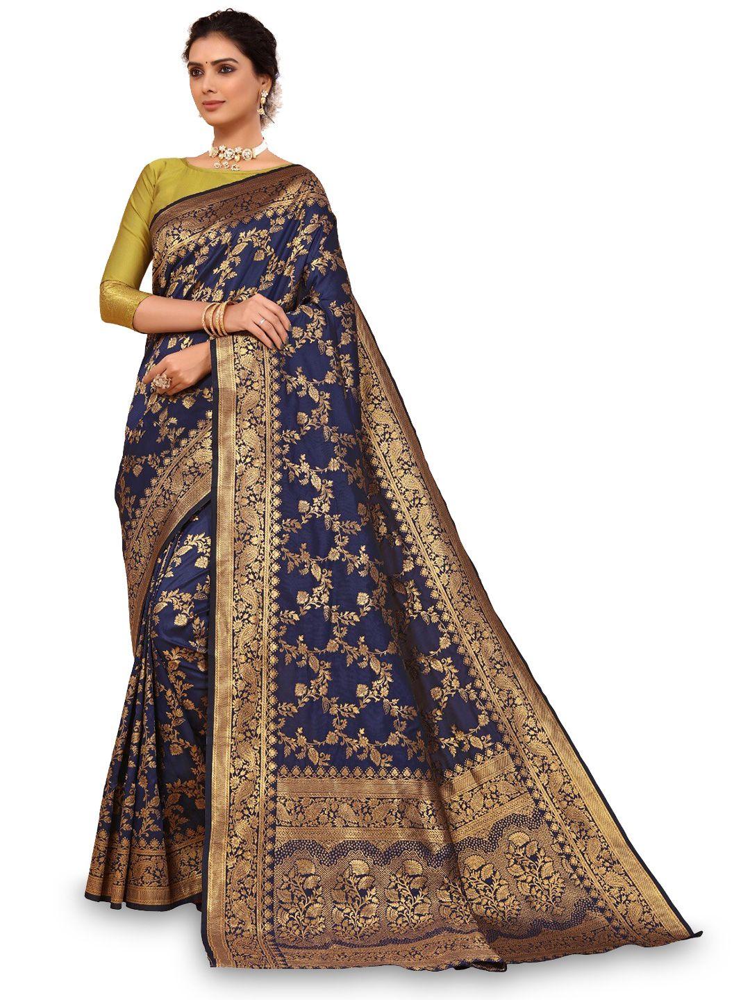 divastri navy blue & gold-toned woven design zari silk cotton banarasi saree