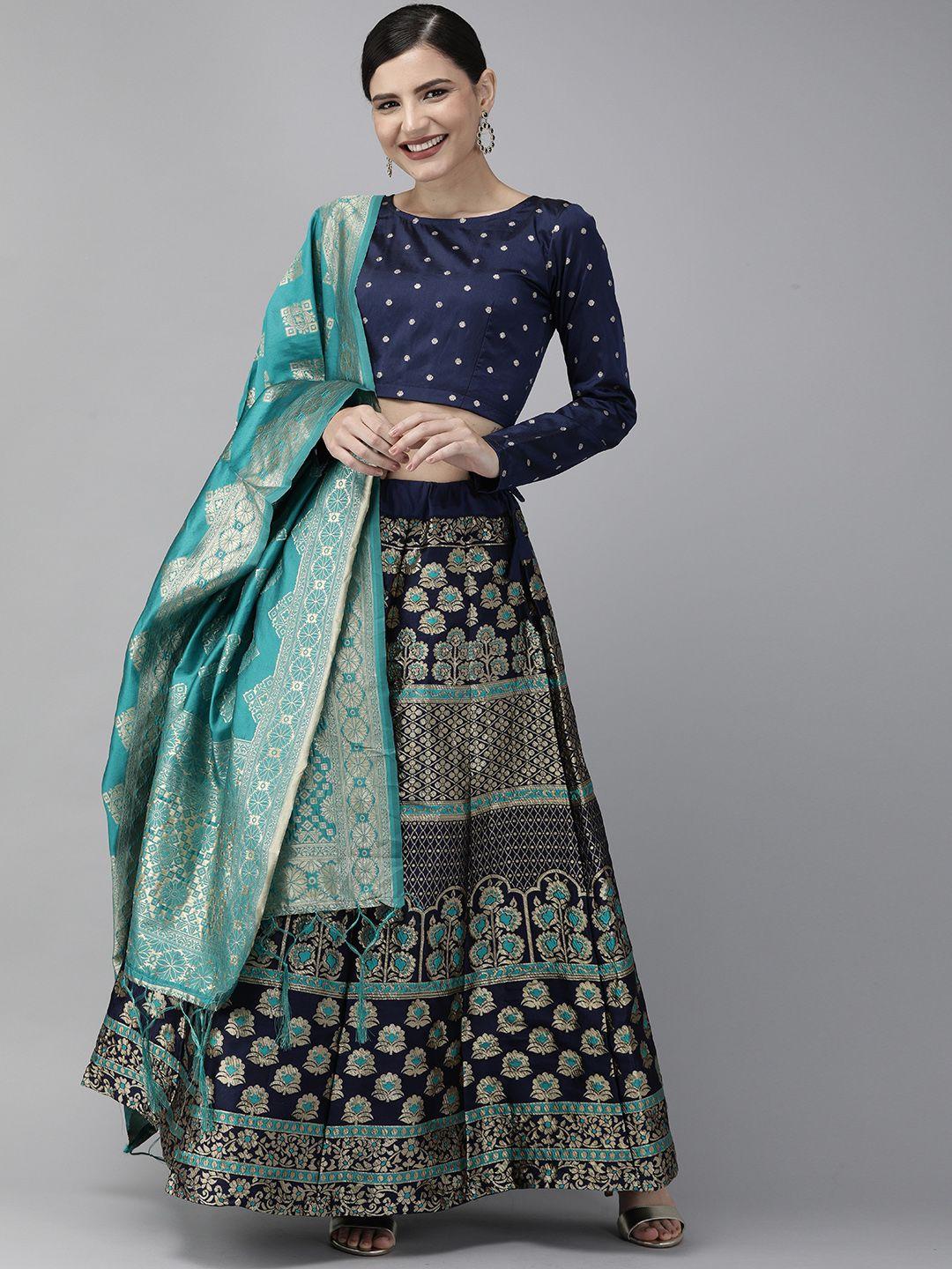 divastri navy blue & green woven design semi-stitched lehenga & unstitched blouse with dupatta
