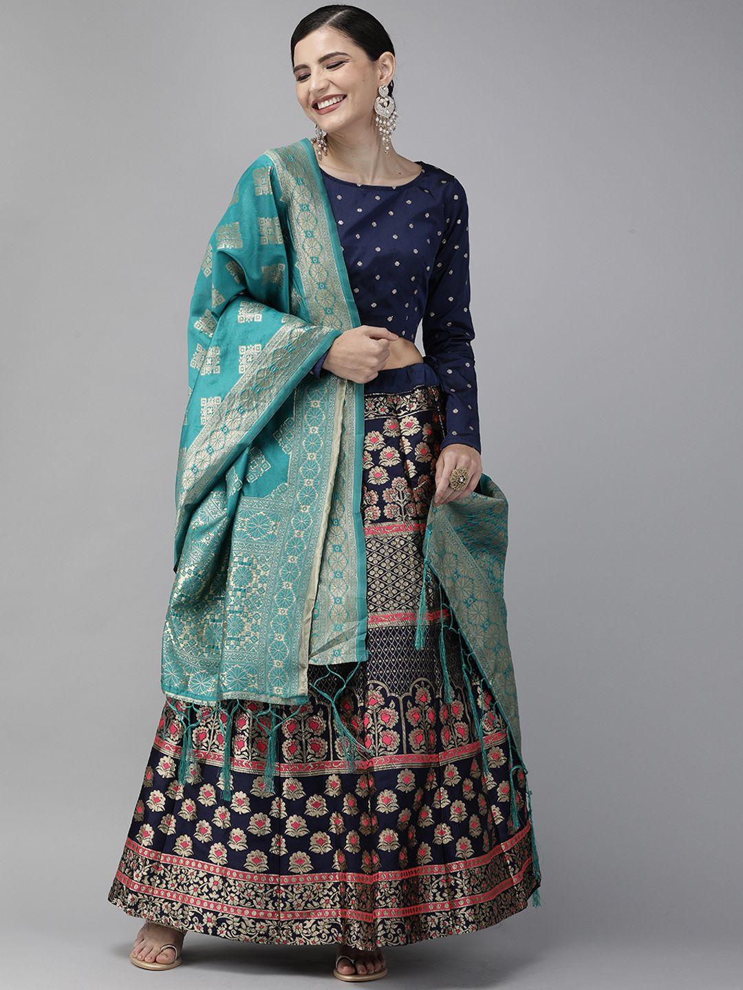 divastri navy blue & pink woven design semi-stitched lehenga & unstitched blouse with dupatta