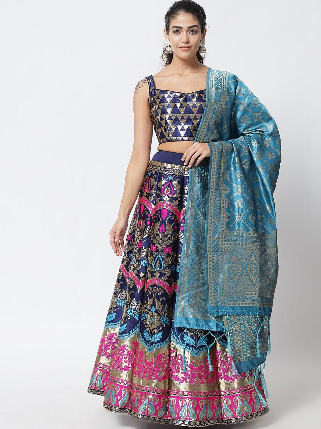 divastri navy blue & rose gold semi-stitched lehenga & unstitched blouse with dupatta