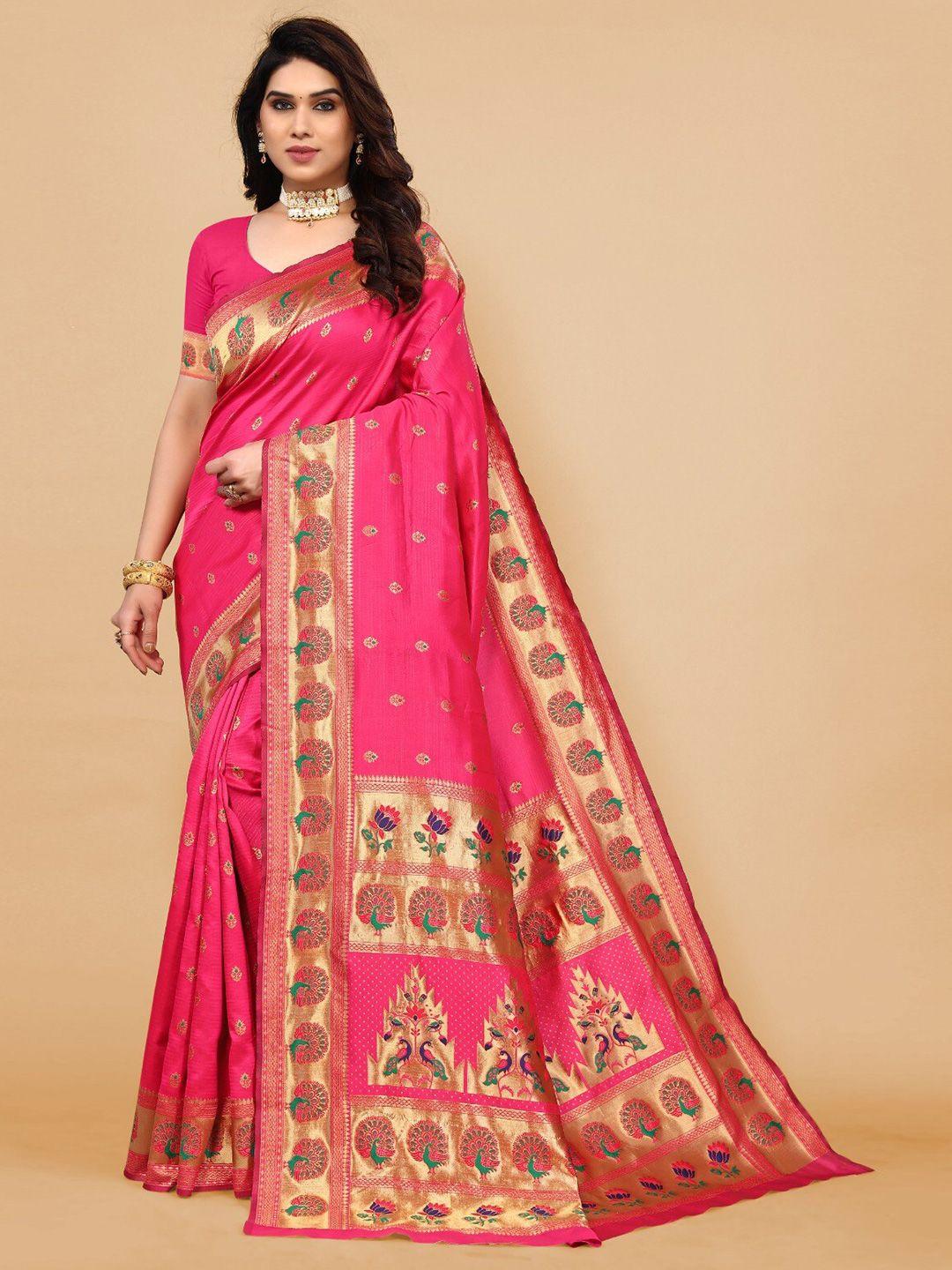 divastri pink & green woven design zari silk cotton paithani saree