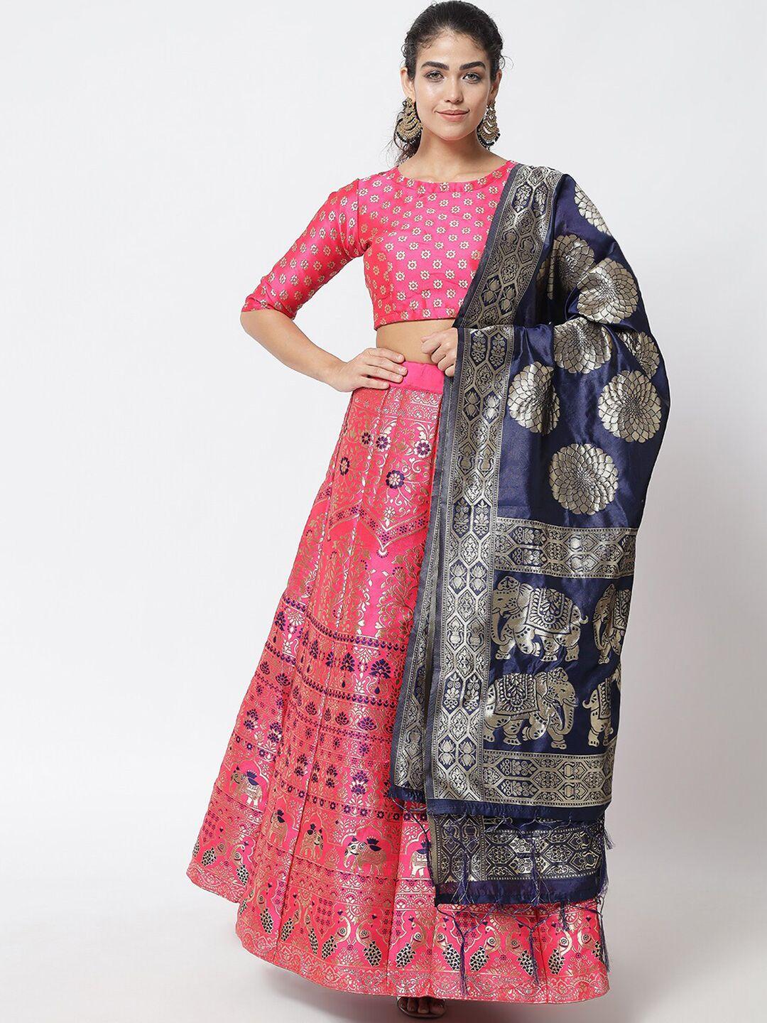 divastri pink & navy blue semi-stitched lehenga & unstitched blouse with dupatta