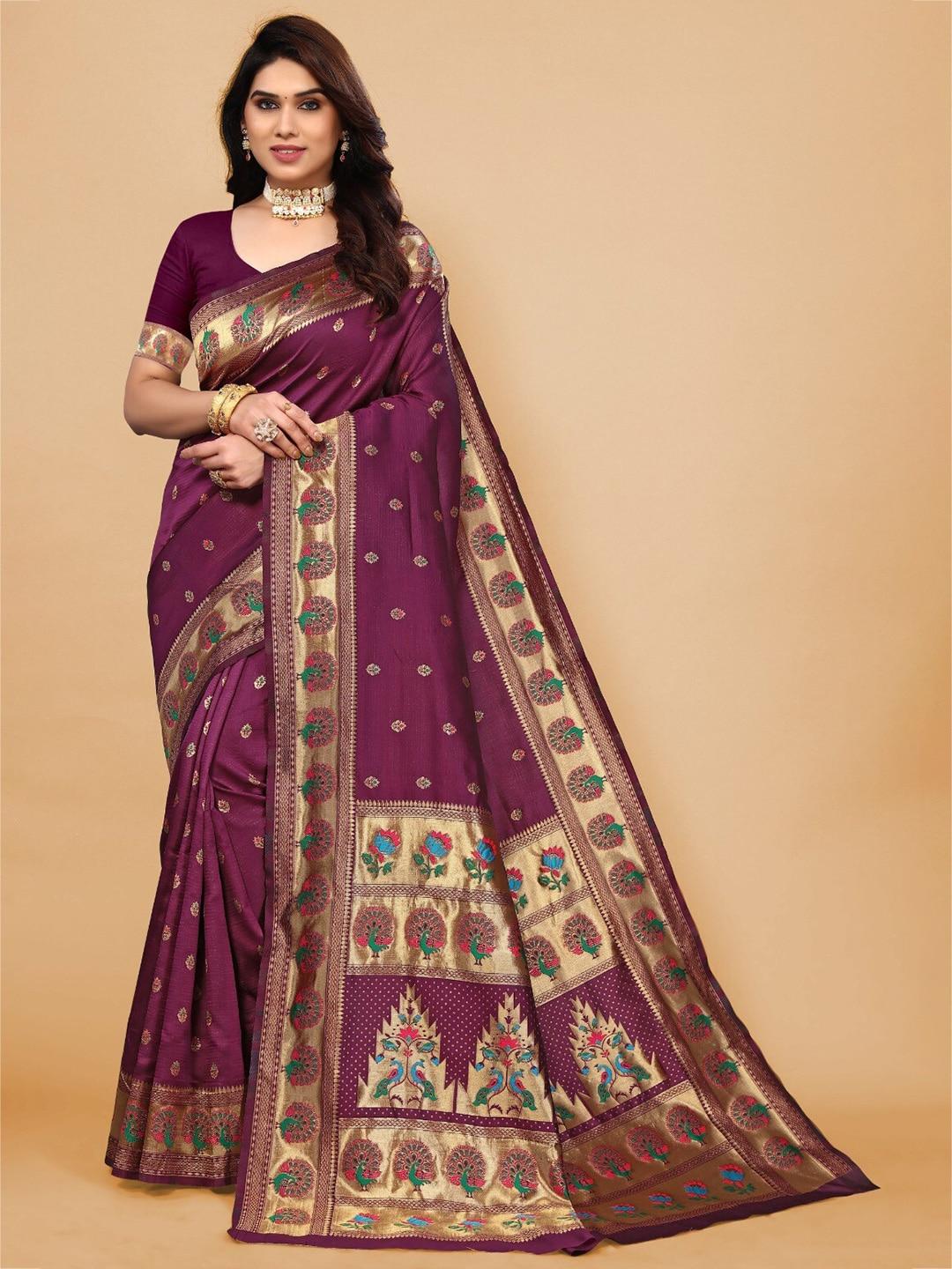 divastri purple & gold-toned woven design zari silk cotton paithani saree