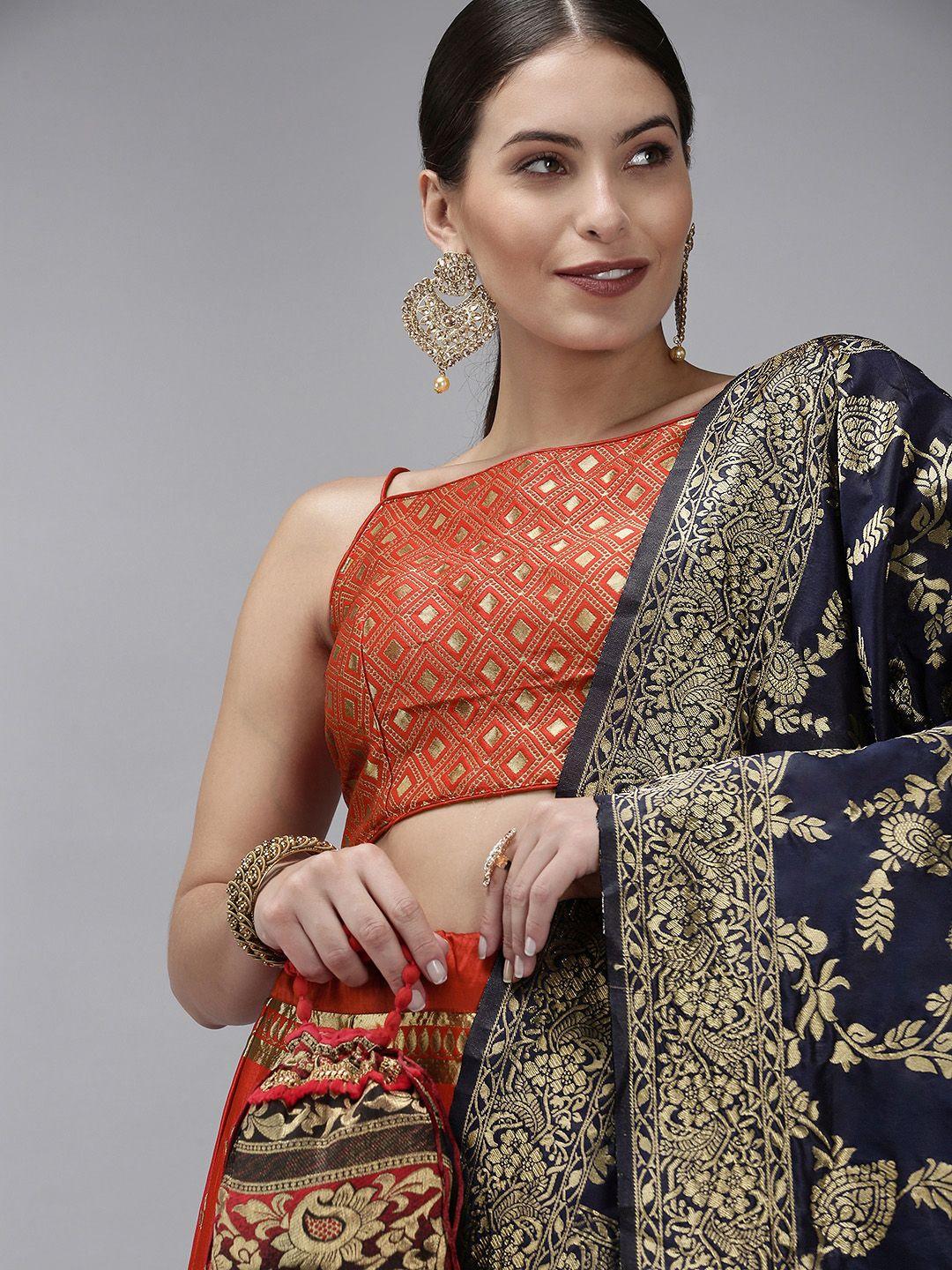 divastri red & gold-toned block print ready to wear lehenga & unstitched blouse with dupatta