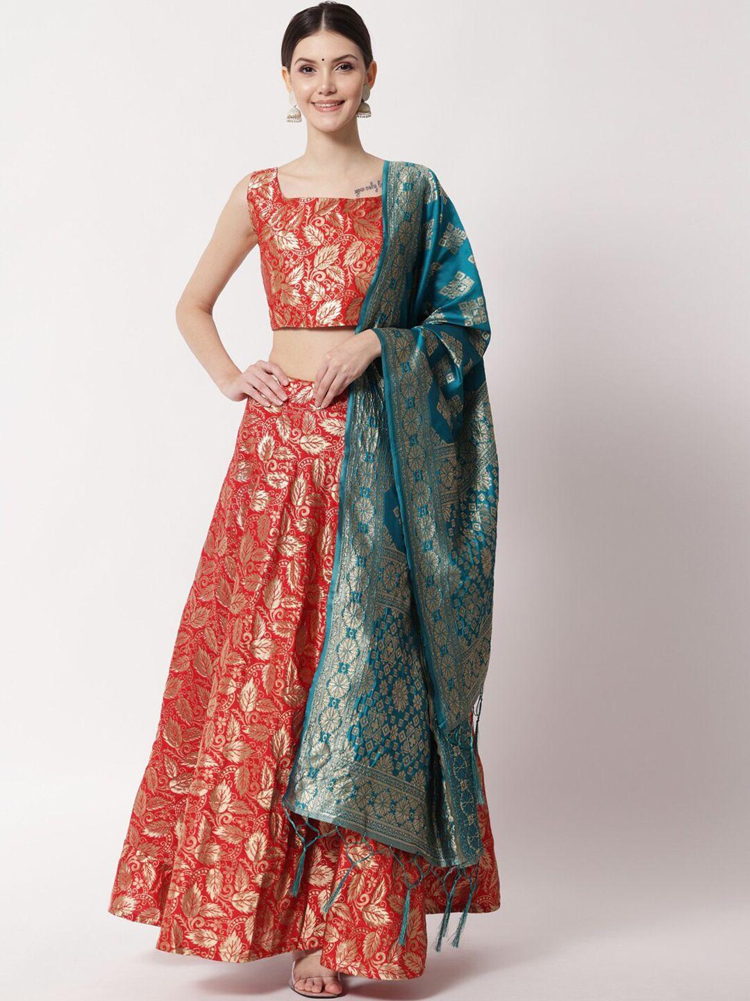 divastri red & gold-toned ready to wear lehenga & unstitched blouse with dupatta