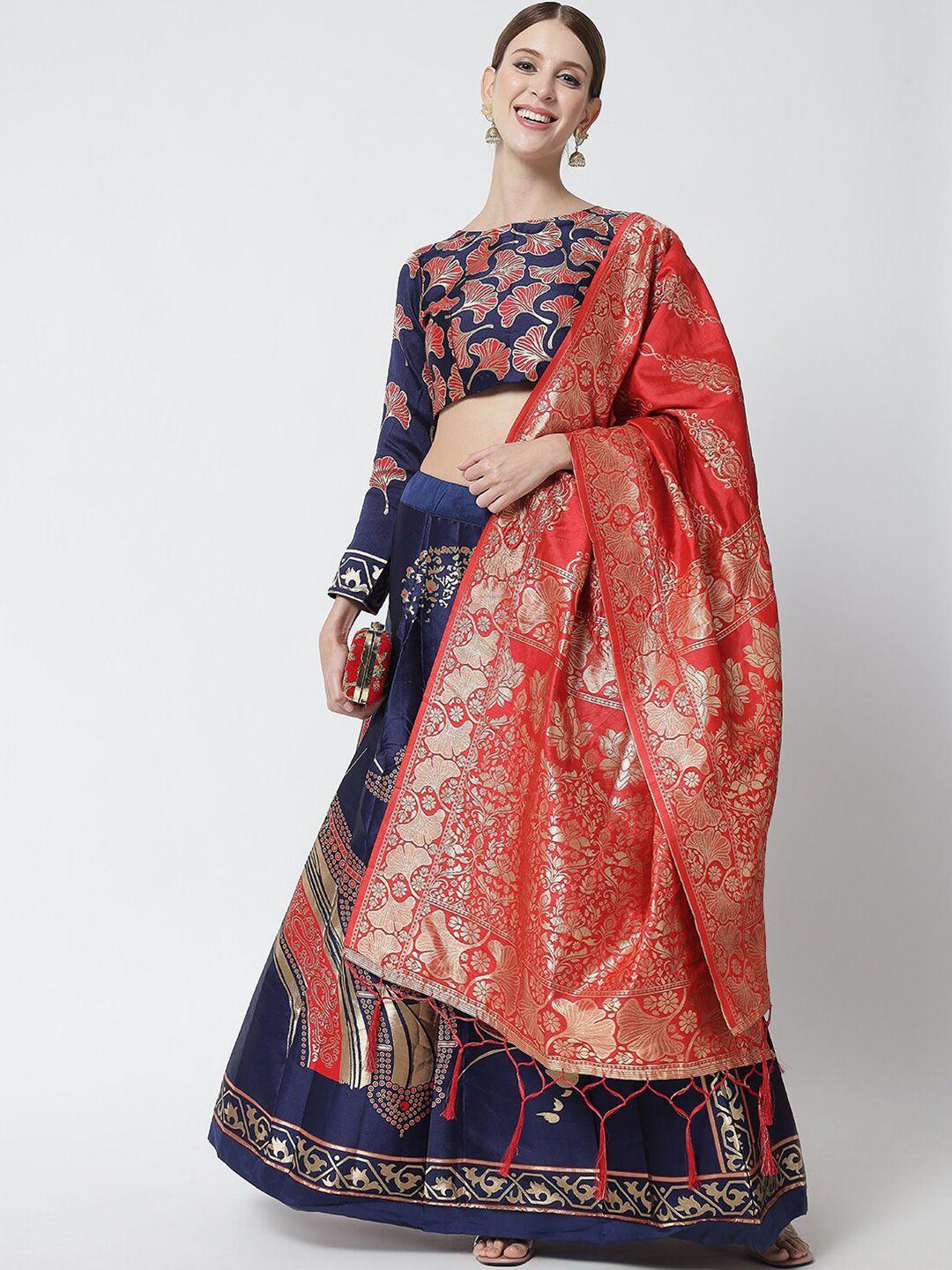 divastri red & navy blue ready to wear lehenga & unstitched blouse with dupatta