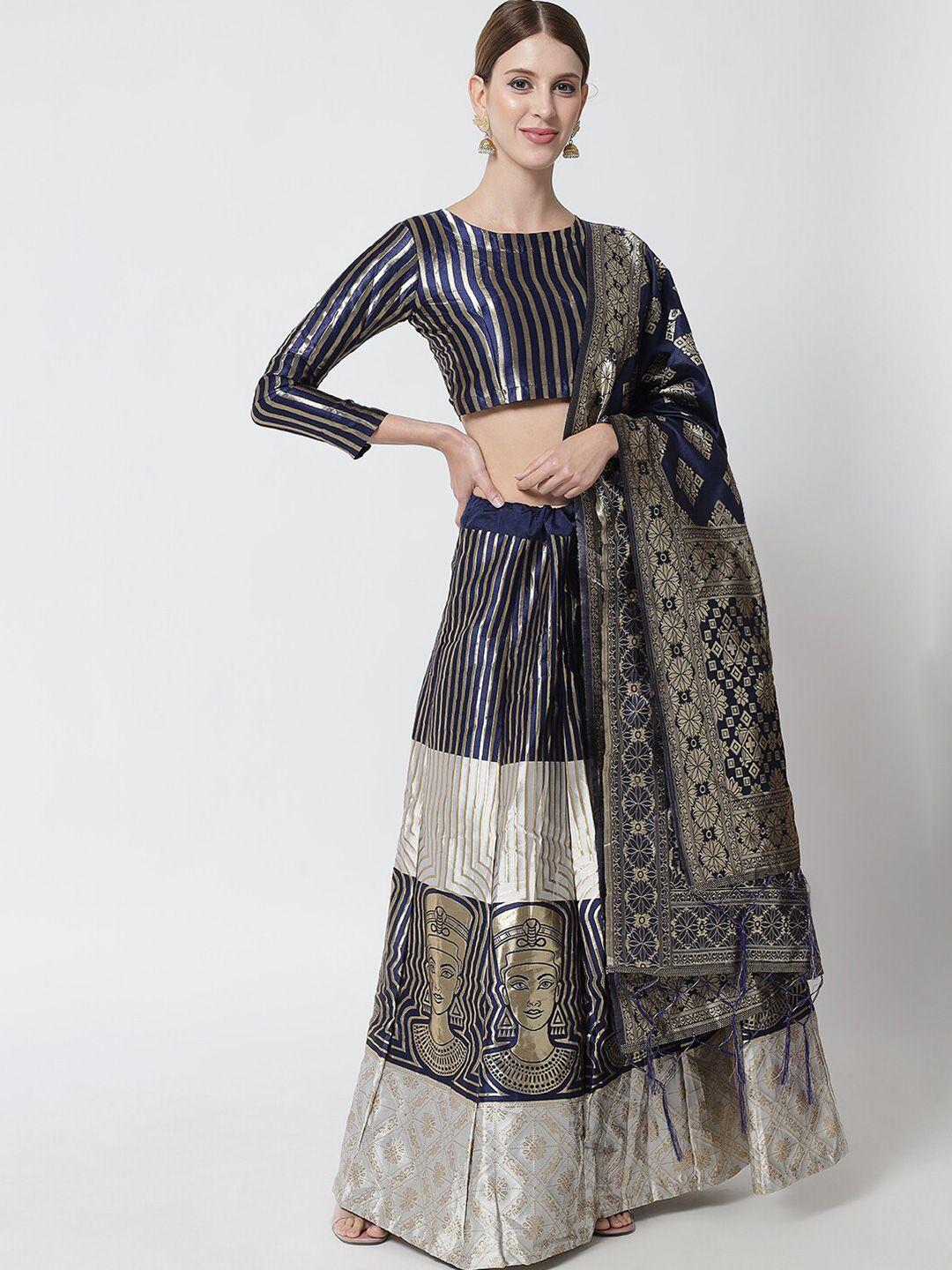 divastri white & navy blue printed ready to wear lehenga & unstitched blouse with dupatta