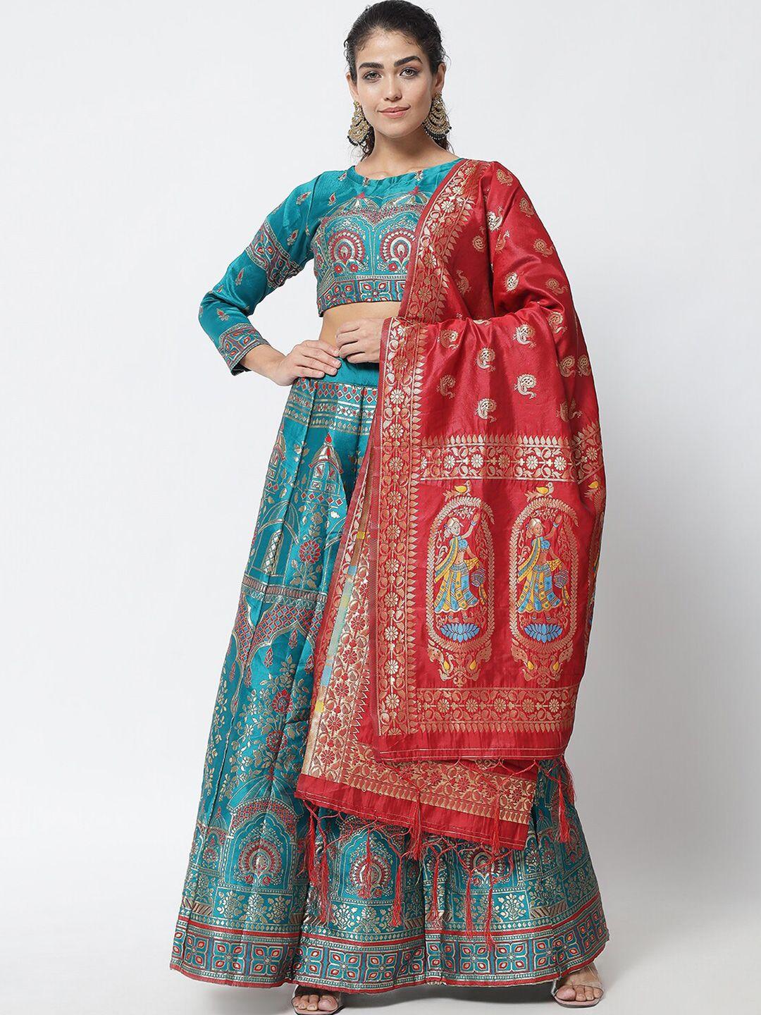 divastri women turquoise blue & red printed semi-stitched lehenga choli with dupatta