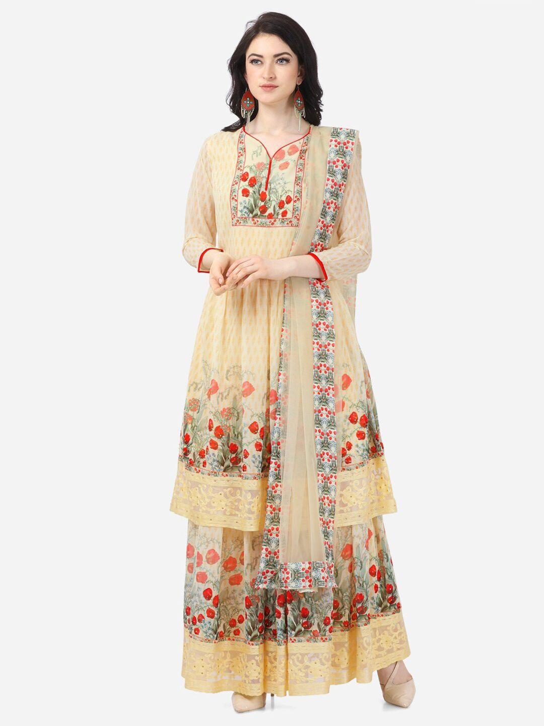 divastri yellow & red printed poly georgette semi-stitched dress material