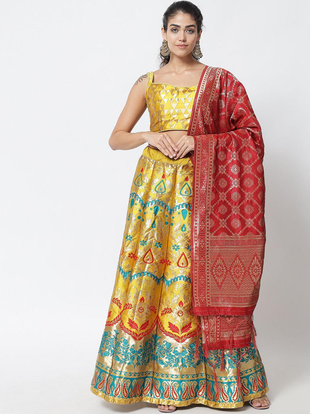 divastri yellow & red printed semi-stitched lehenga & unstitched blouse with dupatta