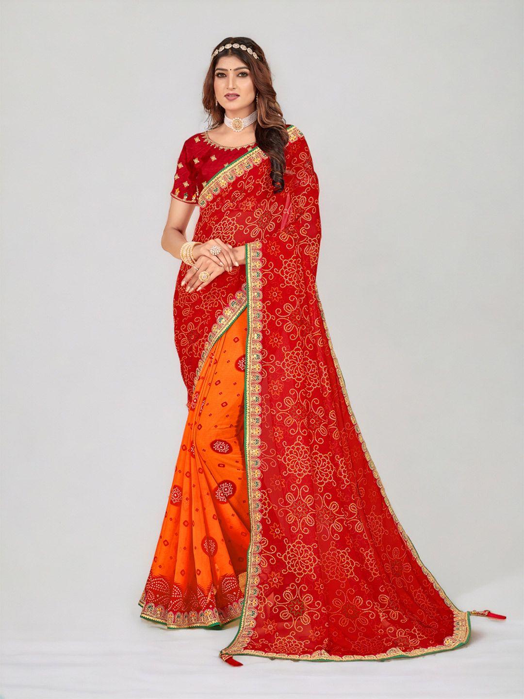 divastri bandhani printed embroidered pure georgette half and half saree