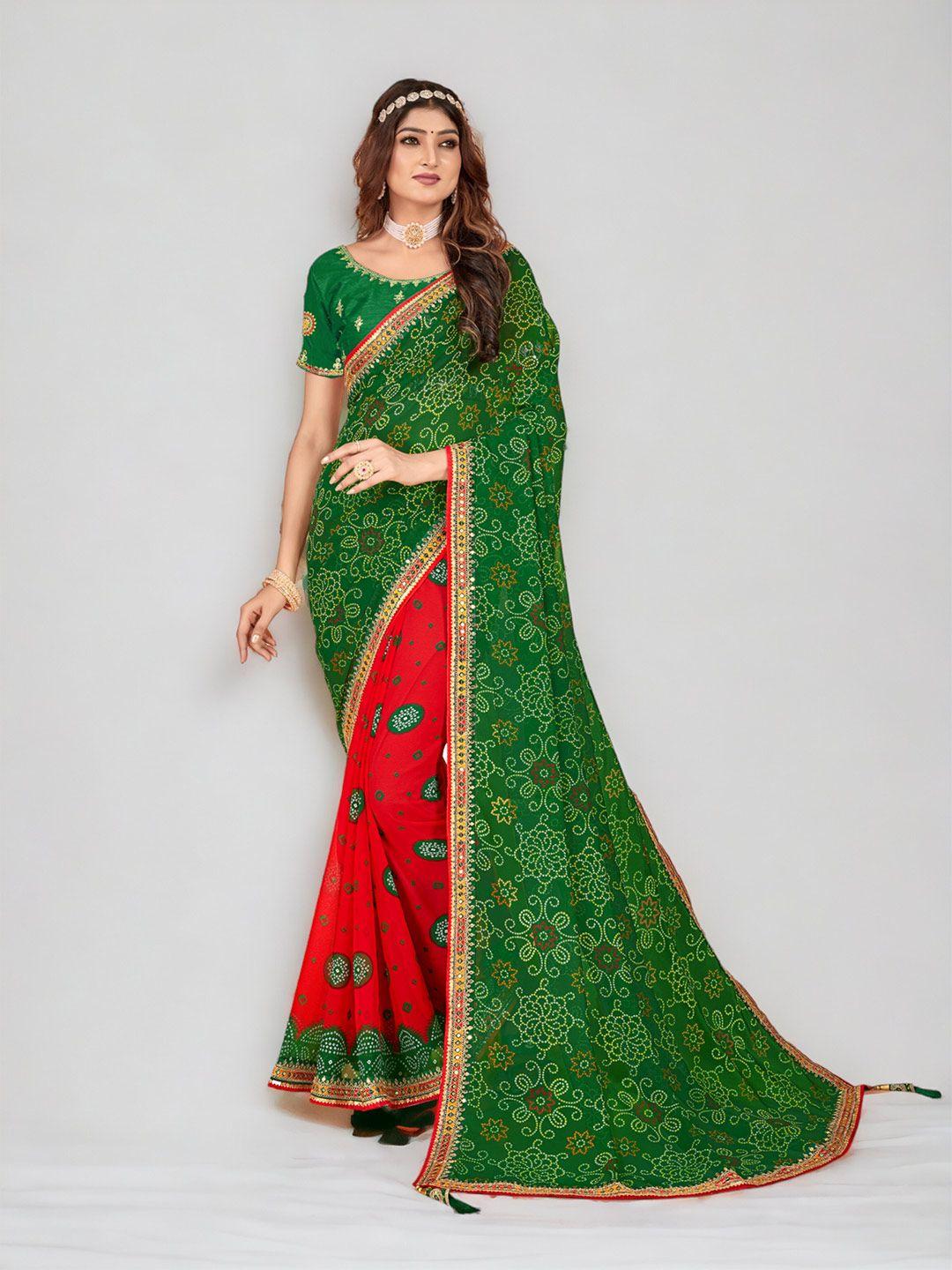 divastri bandhani printed embroidered pure georgette half and half saree