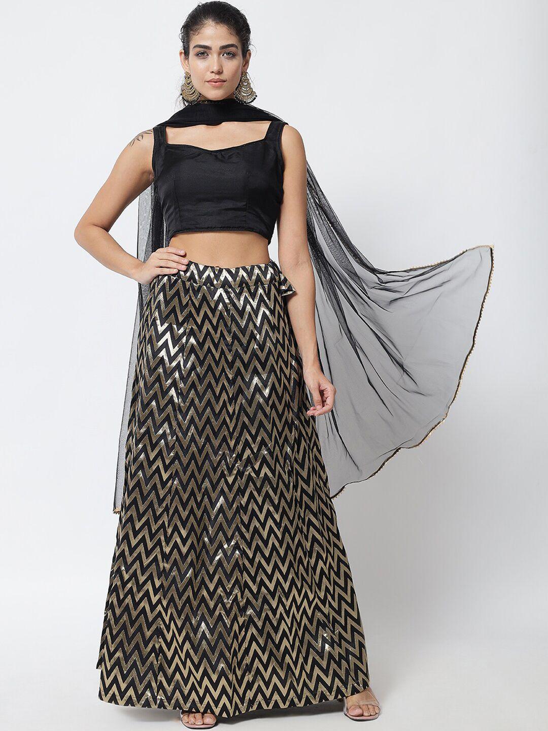 divastri black & gold-toned mirror work semi-stitched lehenga & unstitched blouse with dupatta