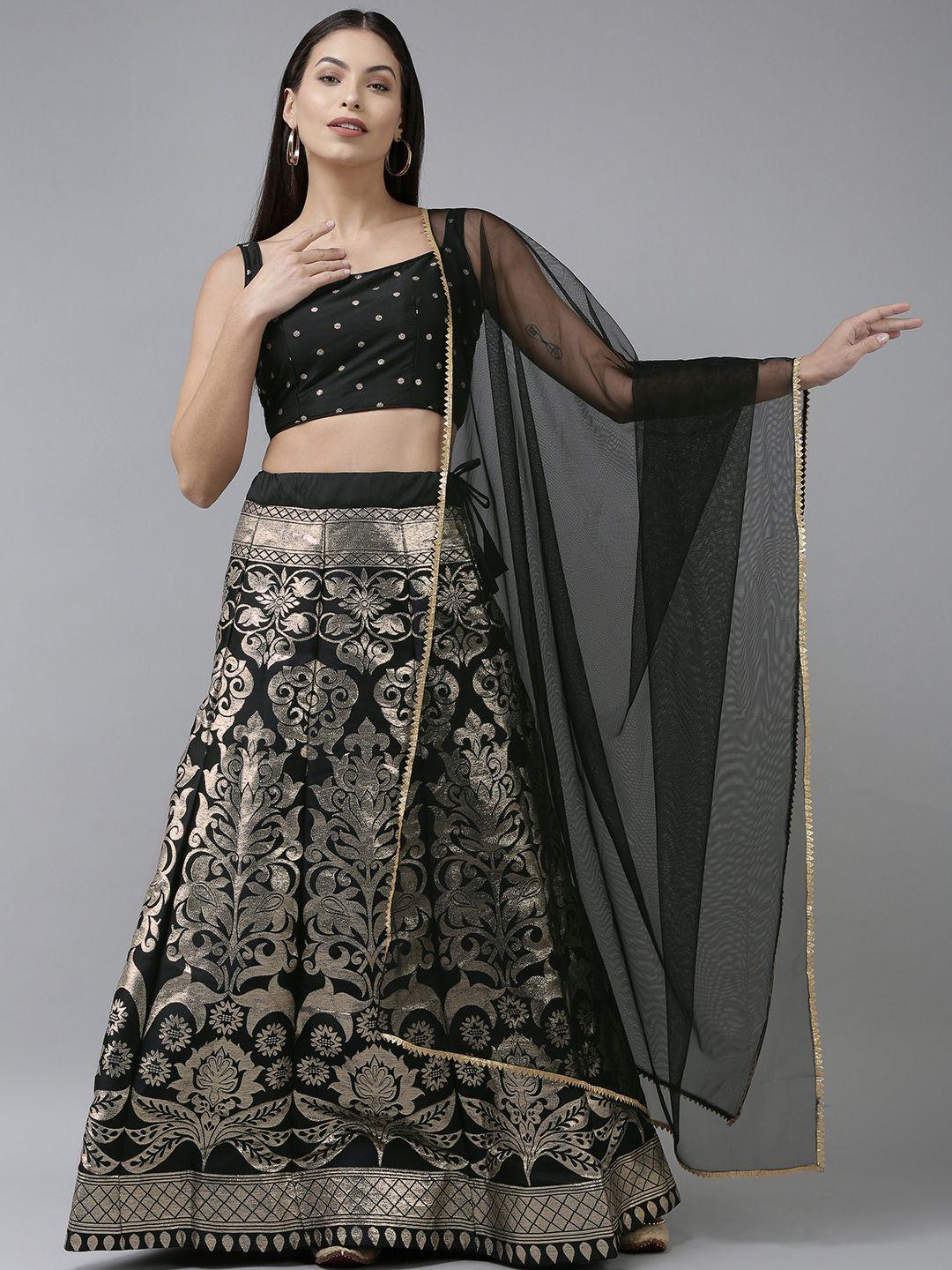 divastri black & gold-toned unstitched lehenga & blouse with dupatta