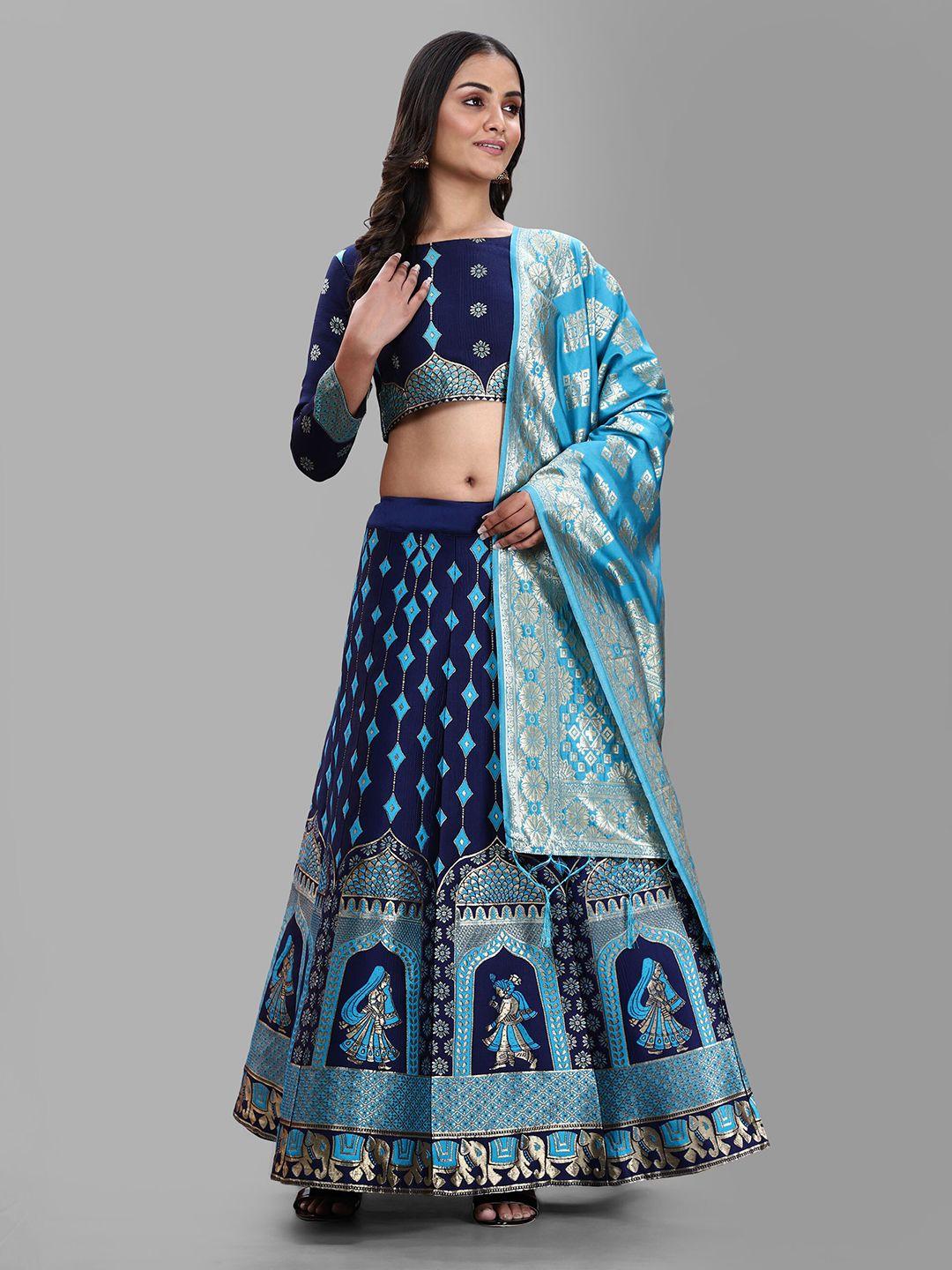 divastri blue & gold-toned semi-stitched lehenga & unstitched blouse with dupatta