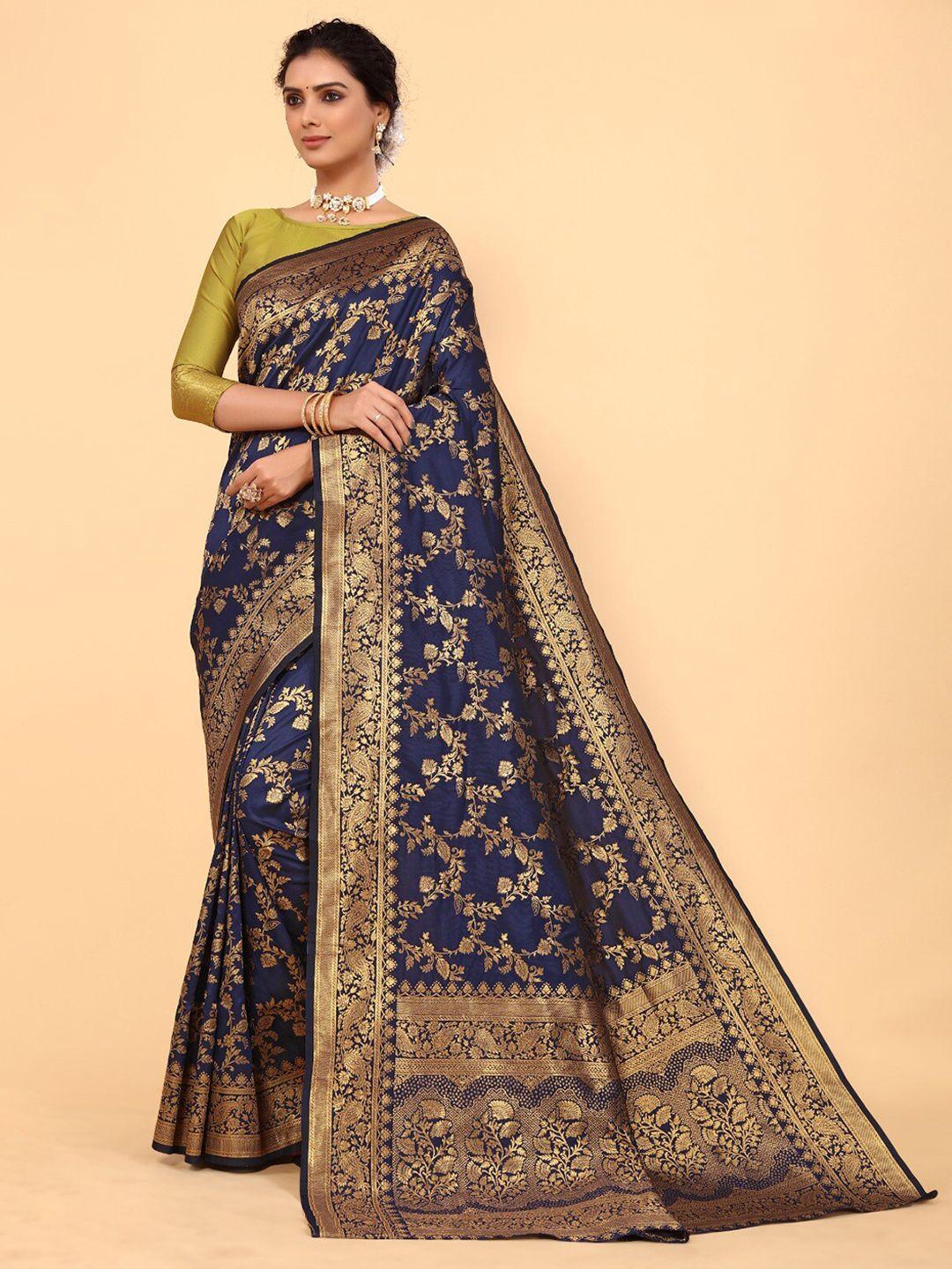 divastri blue & gold-toned woven design zari silk blend banarasi saree