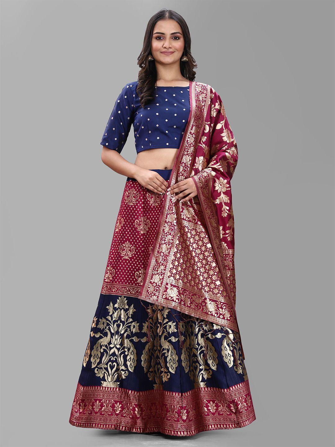 divastri burgundy & blue banarasi semi-stitched lehenga & unstitched blouse with dupatta