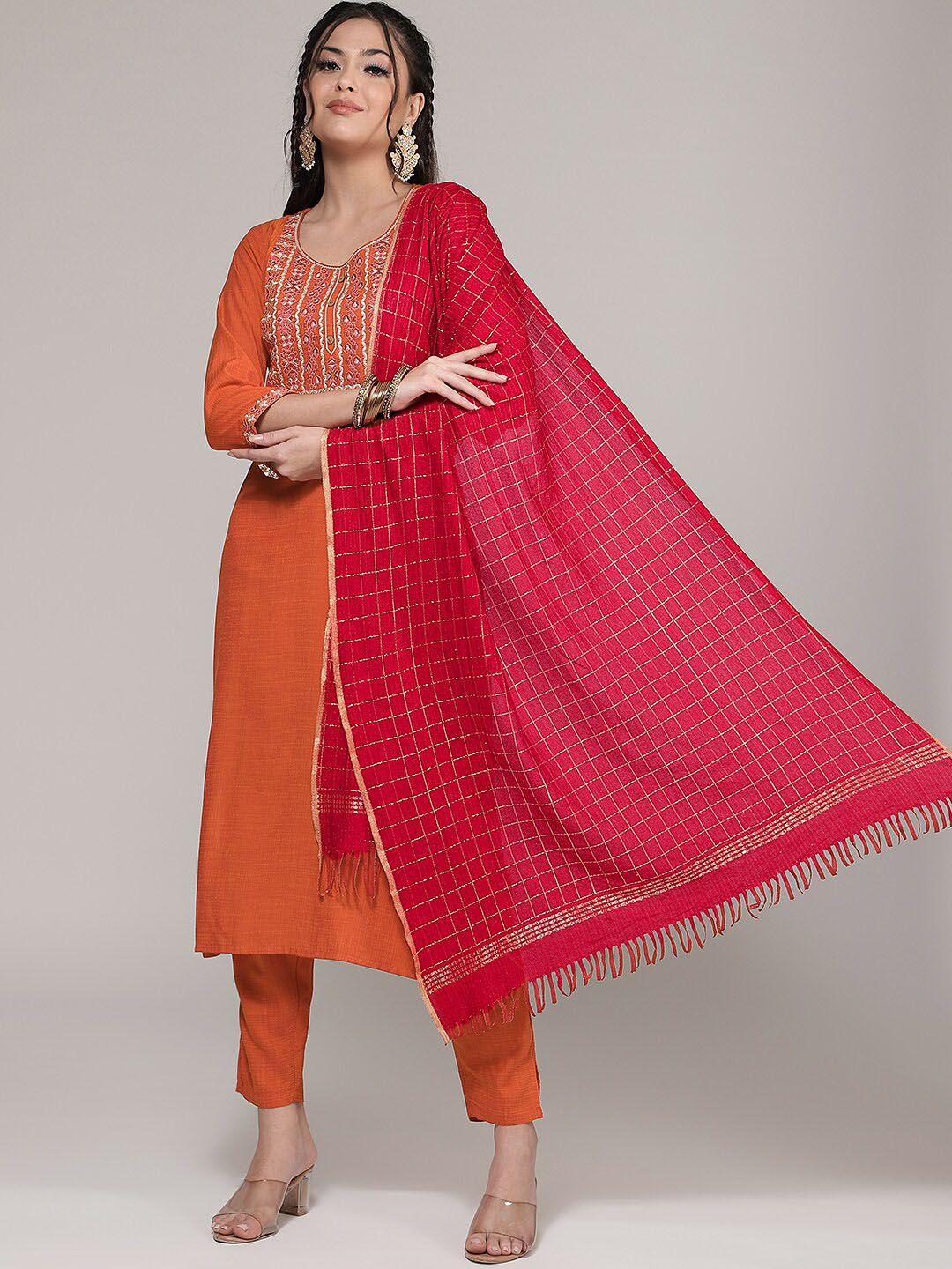 divastri ethnic motifs yoke embroidered straight kurta & trouser with dupatta