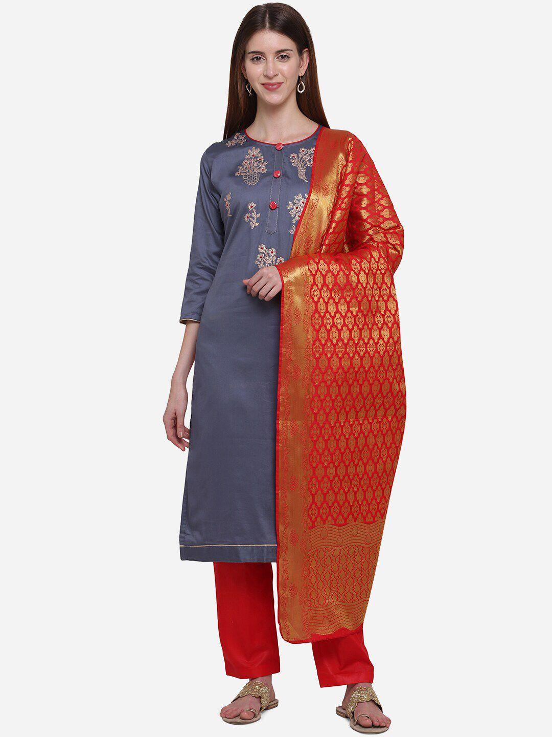 divastri grey & red cotton blend unstitched dress material
