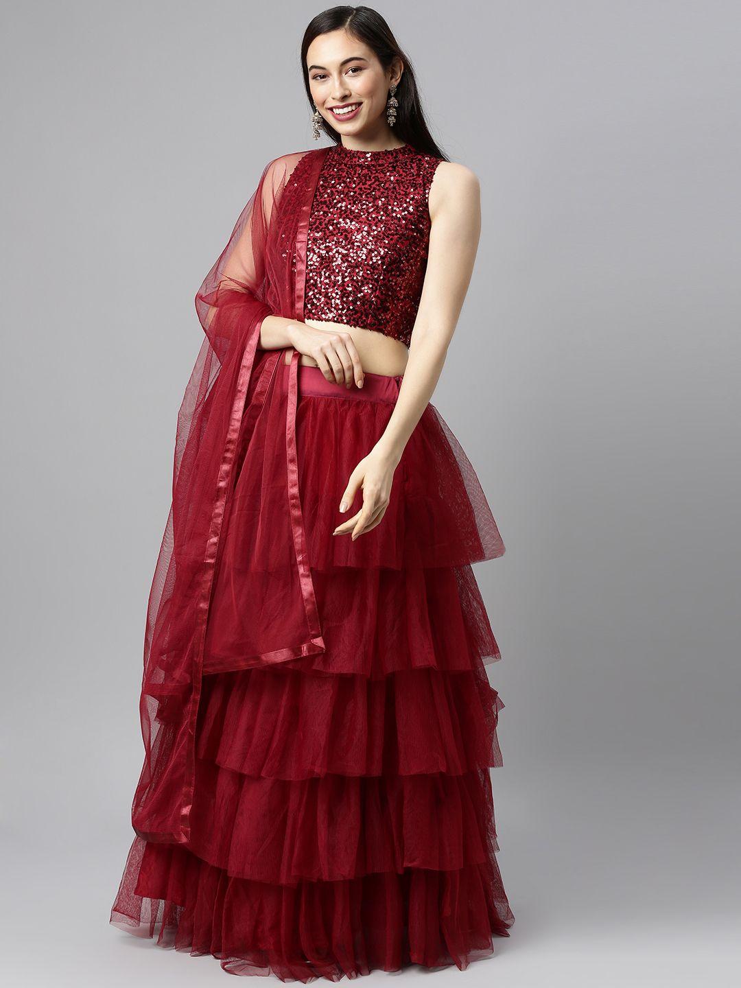 divastri maroon embellished sequinned ready to wear lehenga & unstitched blouse with dupatta