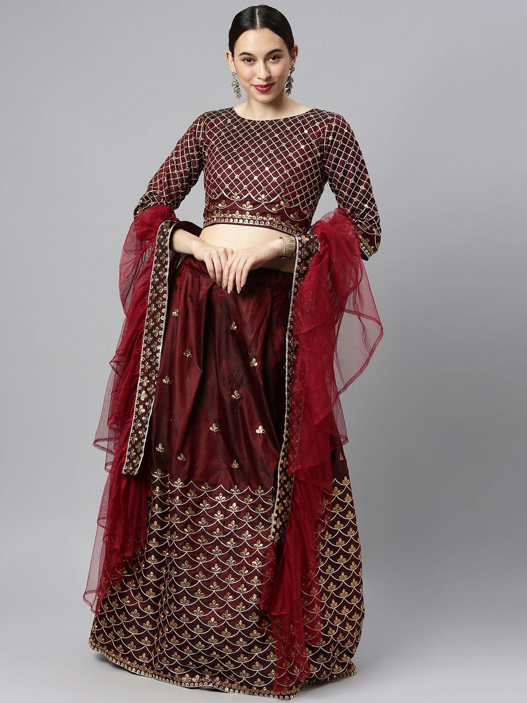 divastri maroon embellished thread work semi-stitched lehenga & unstitched blouse with dupatta