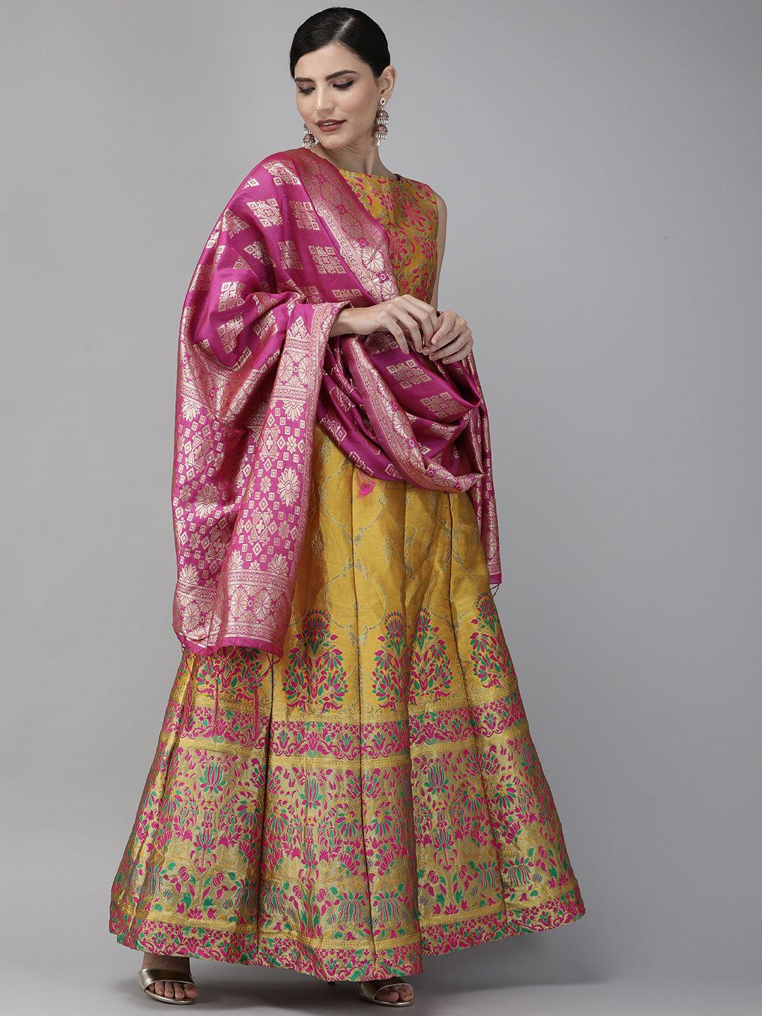 divastri mustard & pink woven design semi-stitched lehenga & unstitched blouse with dupatta