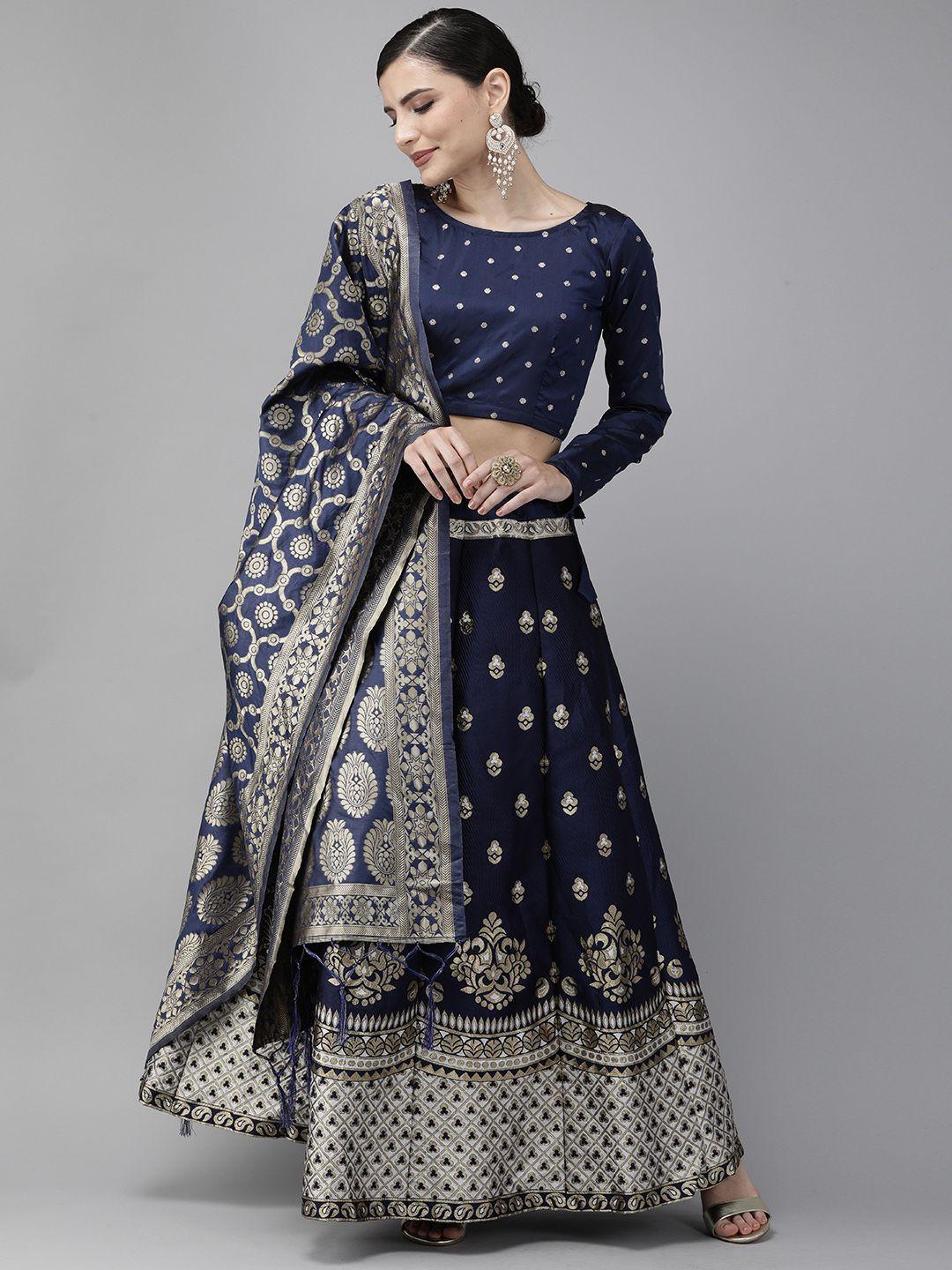 divastri navy blue & white woven design semi-stitched lehenga & unstitched blouse with dupatta