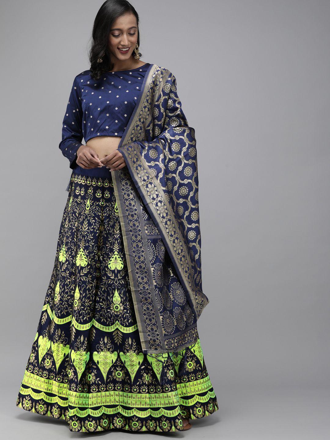 divastri navy blue & woven design semi-stitched lehenga & unstitched blouse with dupatta