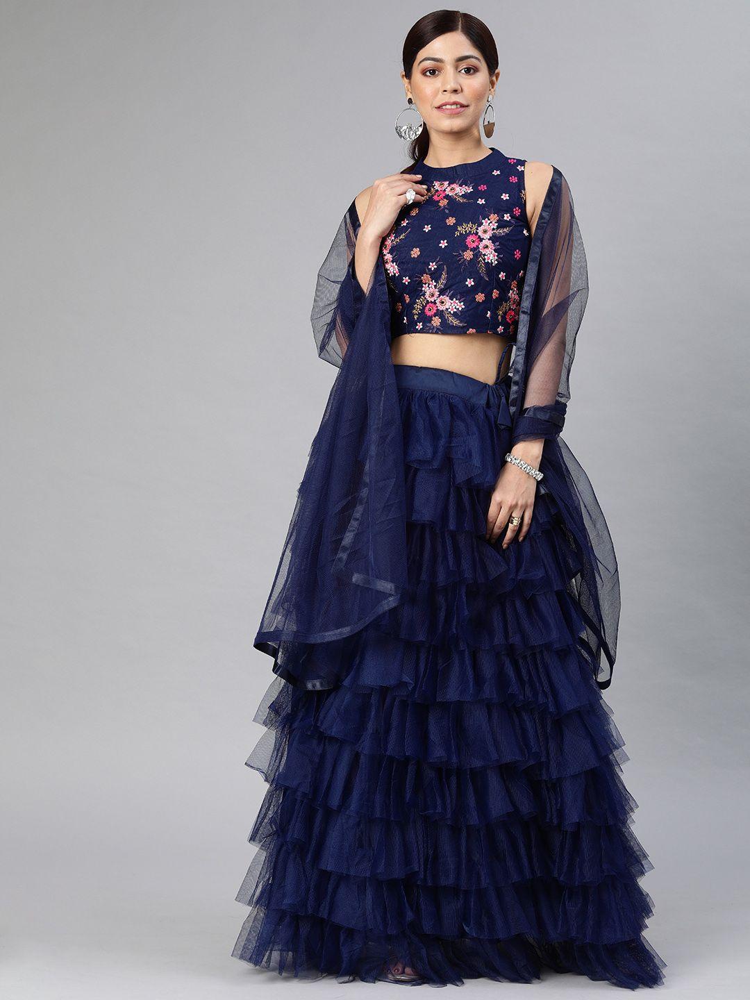 divastri navy blue semi-stitched ruffled lehenga & blouse with dupatta