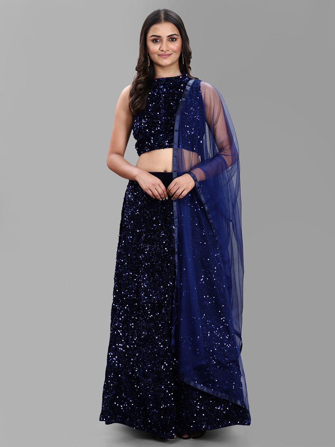 divastri navy blue sequinned semi-stitched lehenga & unstitched blouse with net dupatta